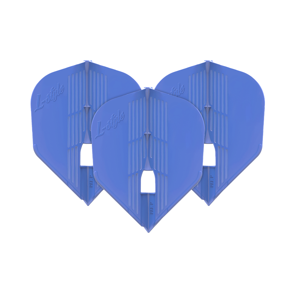 Vuelos KAMI L3PRO estilo L Das Bild zeigt drei blaue Dartflights der Marke L-Style. Sie sind nebeneinander aufgereiht und haben eine moderne, strukturierte Oberfläche.