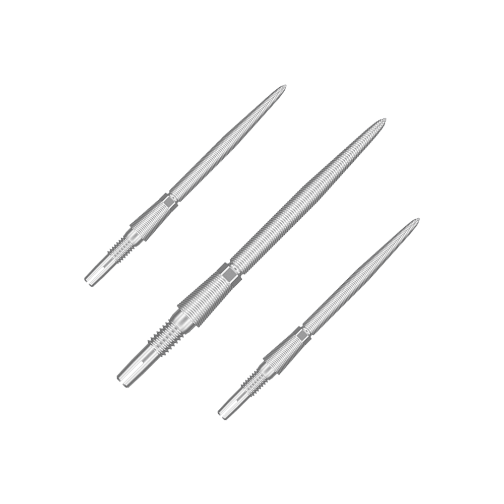 Target Swiss Storm Nano Point Dartspitzen - Silber Auf dem Bild sind drei silberne Dartspitzen abgebildet. Sie sind aus Metall und haben eine schlanke, geriffelte Form.
