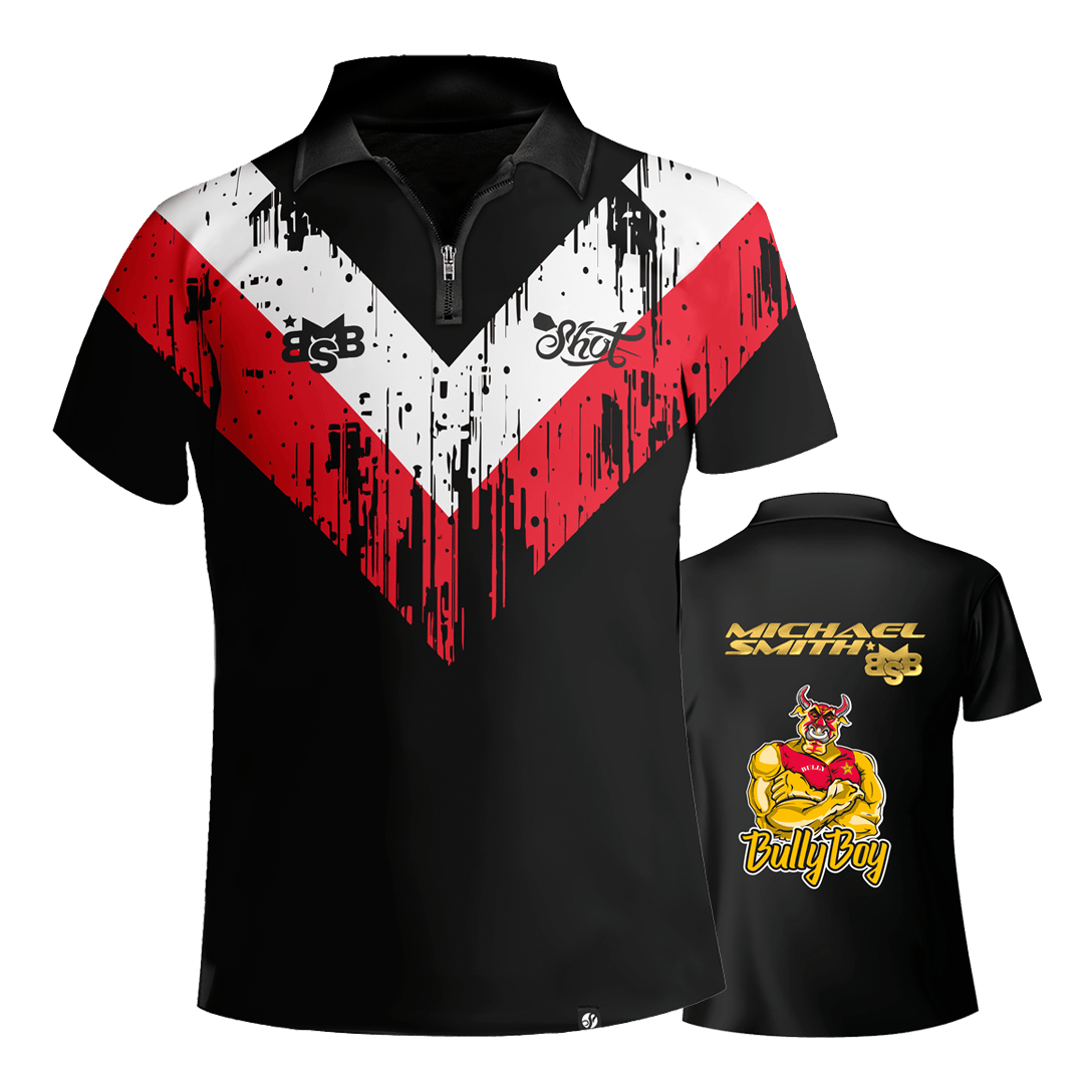 Camisa de dardos de rayas blancas de Shot Michael Smith Das Bild zeigt das Shot Michael Smith White Stripe Dartshirt mit auffälligem roten und weißen Streifenmuster auf schwarzem Grund. Auf der Rückseite sind der Name "Michael Smith", das Logo "Bully Boy" und eine Zeichnung eines muskulösen Stiers zu sehen.