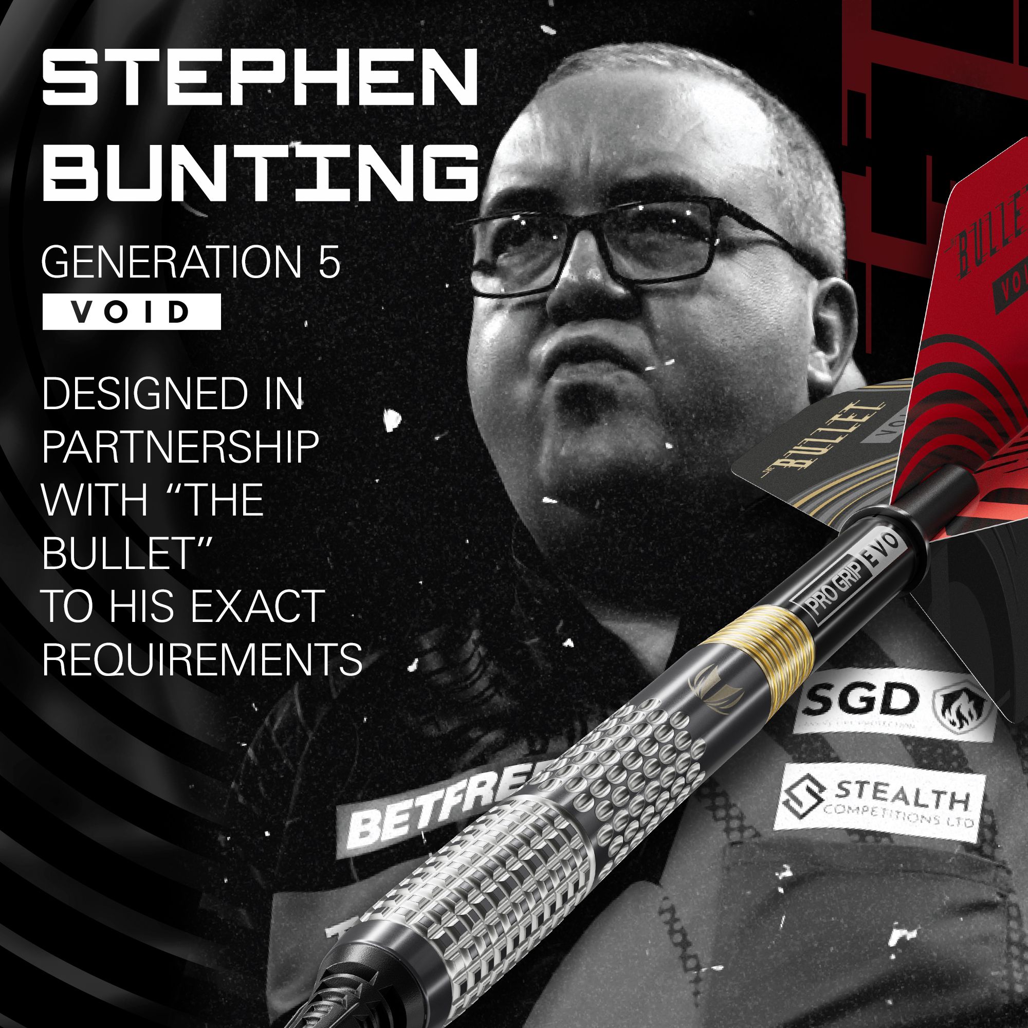 Dardos blandos Target Stephen Bunting GEN5 Void - 18 g Das Foto zeigt die Target Stephen Bunting GEN5 Void Softdarts - 18g. Diese Softdarts überzeugen durch ihr einzigartiges Design und ihre Qualität.
