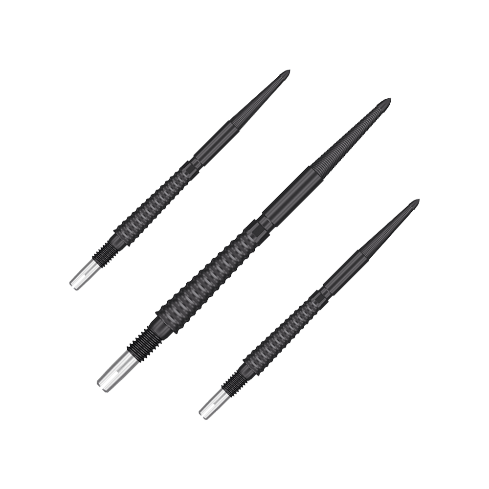 Das Bild zeigt drei schwarze Dartspitzen mit geriffeltem Griffbereich. Sie sind länglich geformt und haben eine spitze Metallspitze am Ende.
