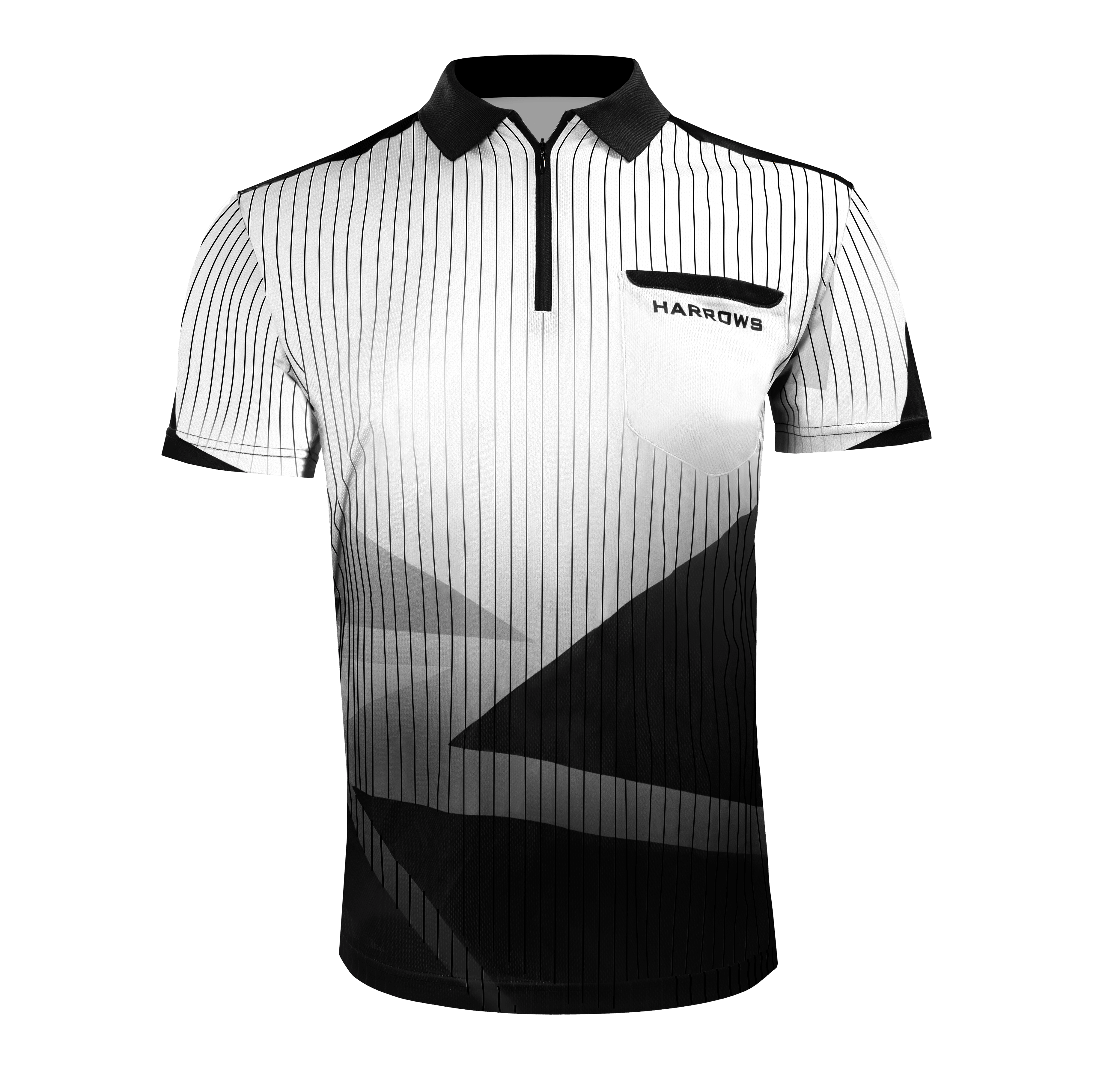 Harrows Shard Dartshirt - Weiß Das Bild zeigt das Harrows Shard Dartshirt in Weiß mit feinen schwarzen Streifen und modernen geometrischen Mustern. Auf der Brust befindet sich eine Tasche mit dem Schriftzug "Harrows".