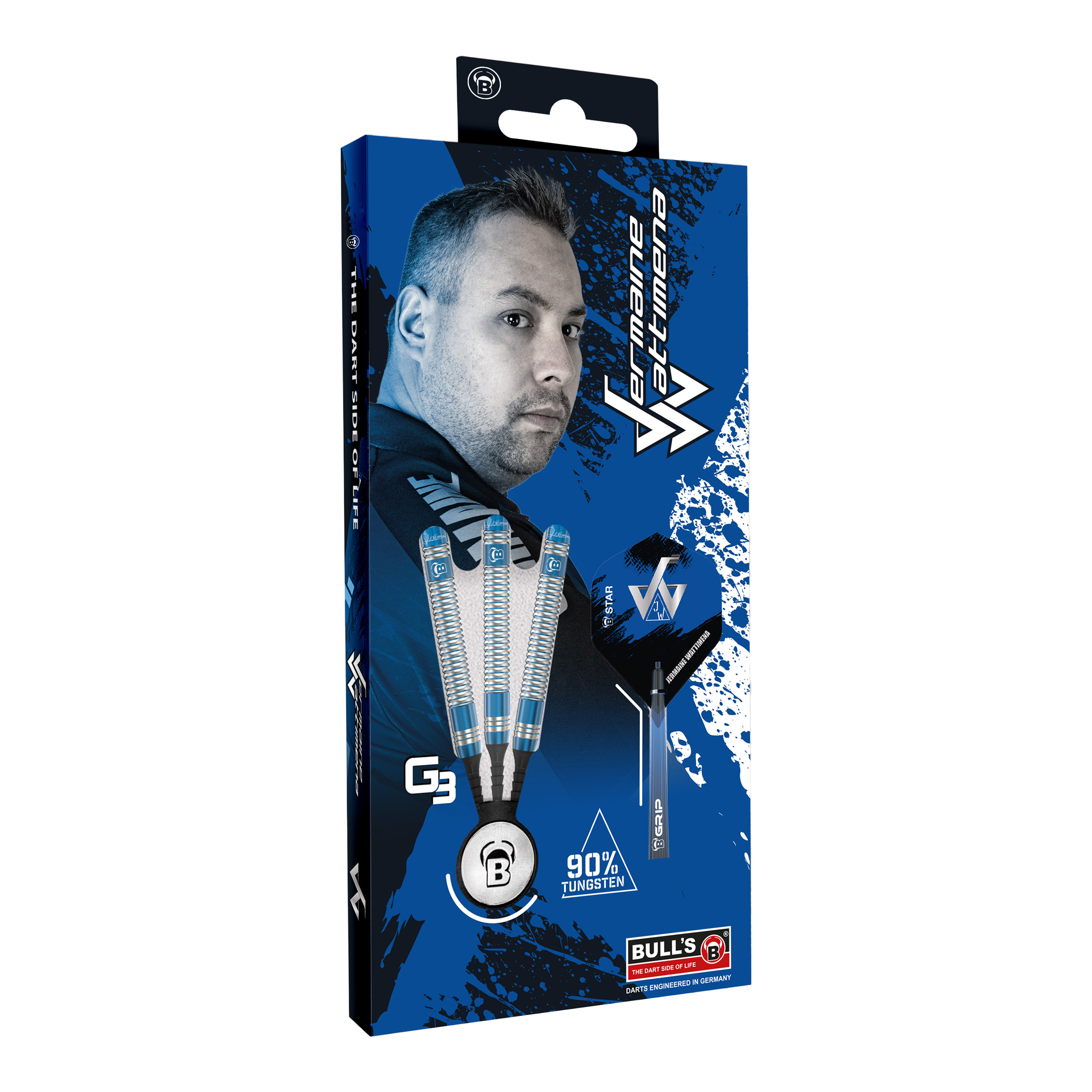 Dardos blandos Bulls Jermaine Wattimena Generation 3 - 20 g Die Abbildung zeigt die Verpackung der Bulls Jermaine Wattimena Generation 3 Softdarts mit 20g Gewicht. Auf der Verpackung sind drei Darts sowie ein Porträt von Jermaine Wattimena und der Hinweis auf 90 % Tungsten zu sehen.