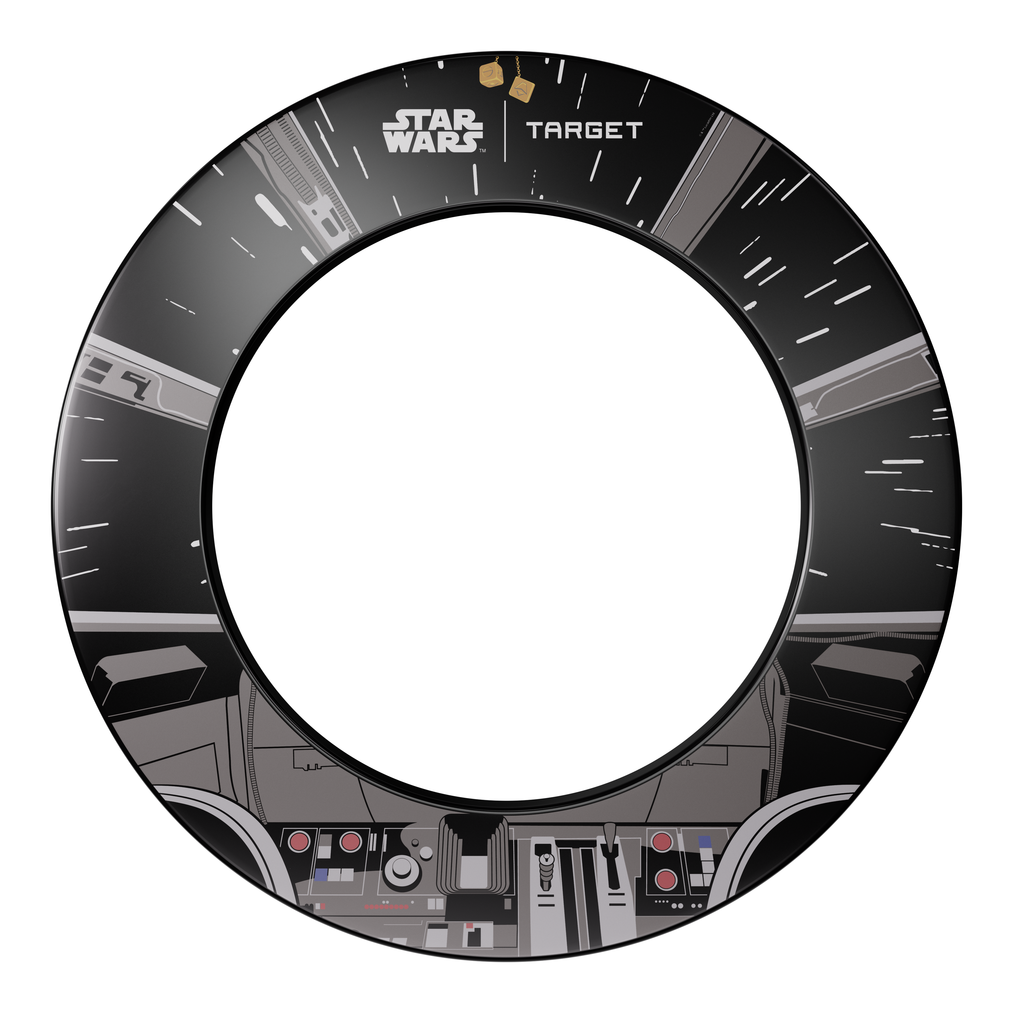 Paquete de dardos Target Star Wars Millennium Falcon TOR Dieses Bild stellt das Target Star Wars Millennium Falcon Surround Board Bundle dar. Das Design kombiniert klassische Dartscheiben mit Details des Millennium Falcon aus Star Wars.