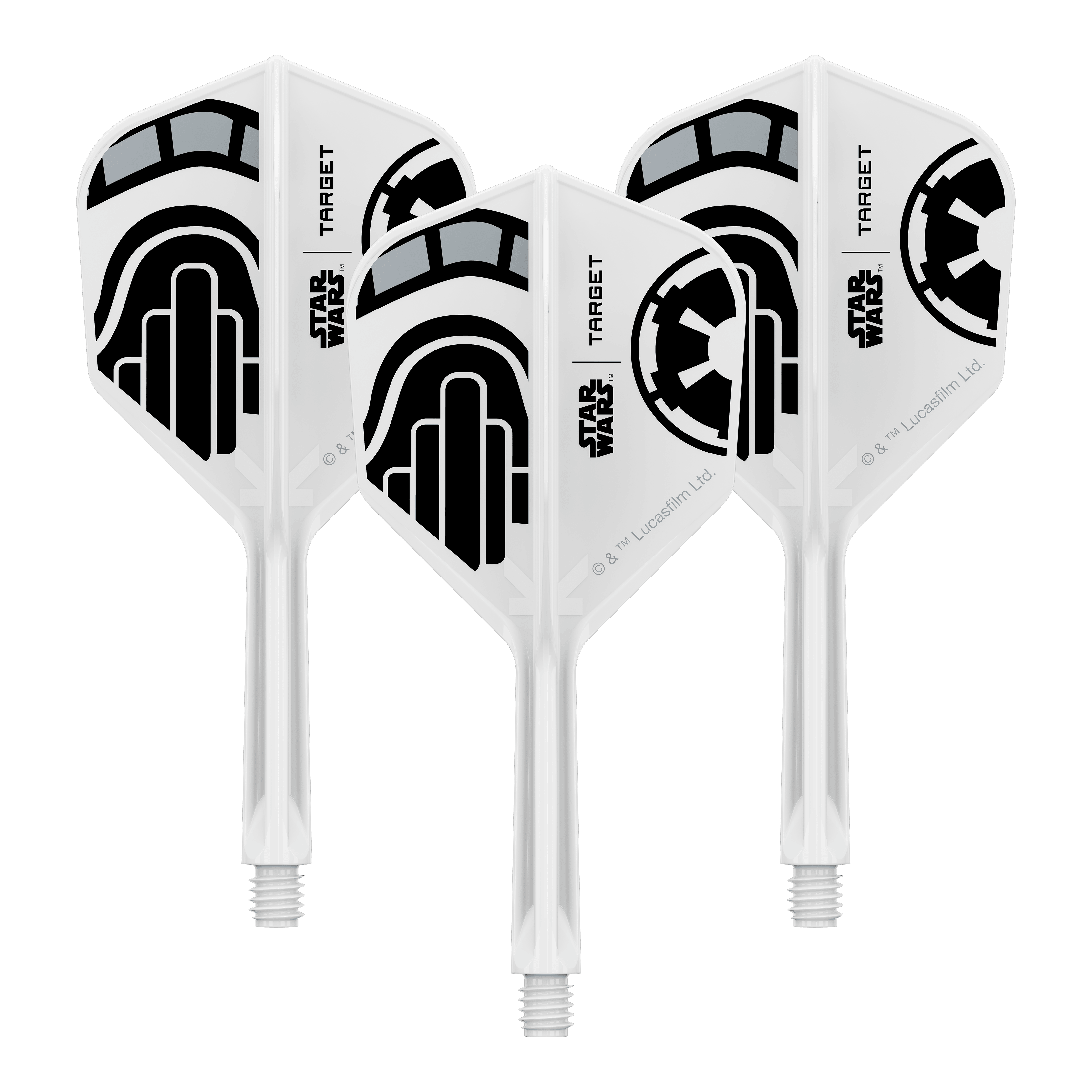 Vuelos Target Star Wars K-Flex Stormtrooper No. 6 Abgebildet ist ein Dartflügel-Set im Star Wars Design mit dem Namen 'Stormtrooper No6 Flights Intermediate 26mm'. Das Set eignet sich für den Austausch von Dartflügeln.