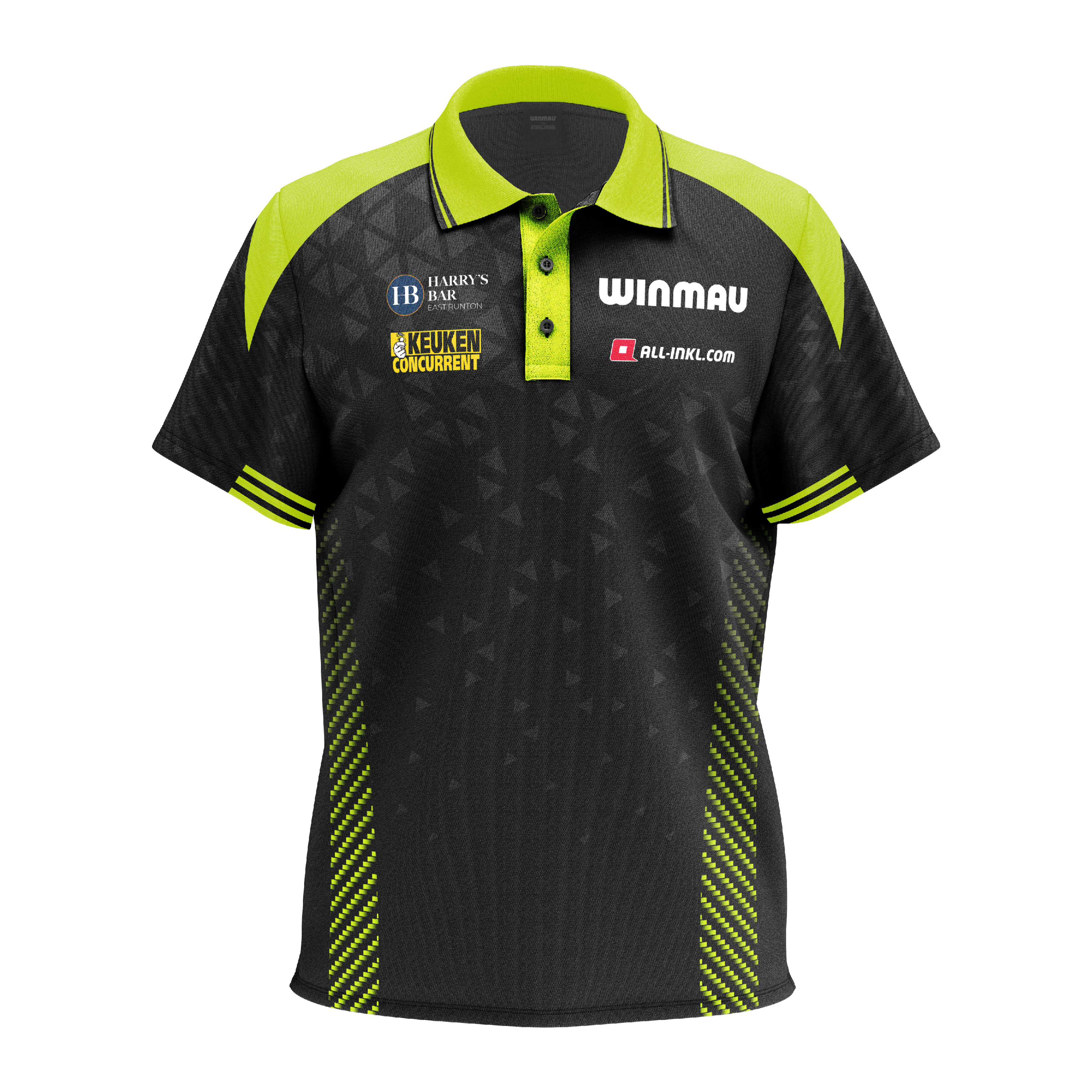 Polo Winmau Michael Van Gerwen Stage Das Bild zeigt das Winmau Michael Van Gerwen Stage Poloshirt. Das Shirt ist im Stil des bekannten Dartspielers gehalten.