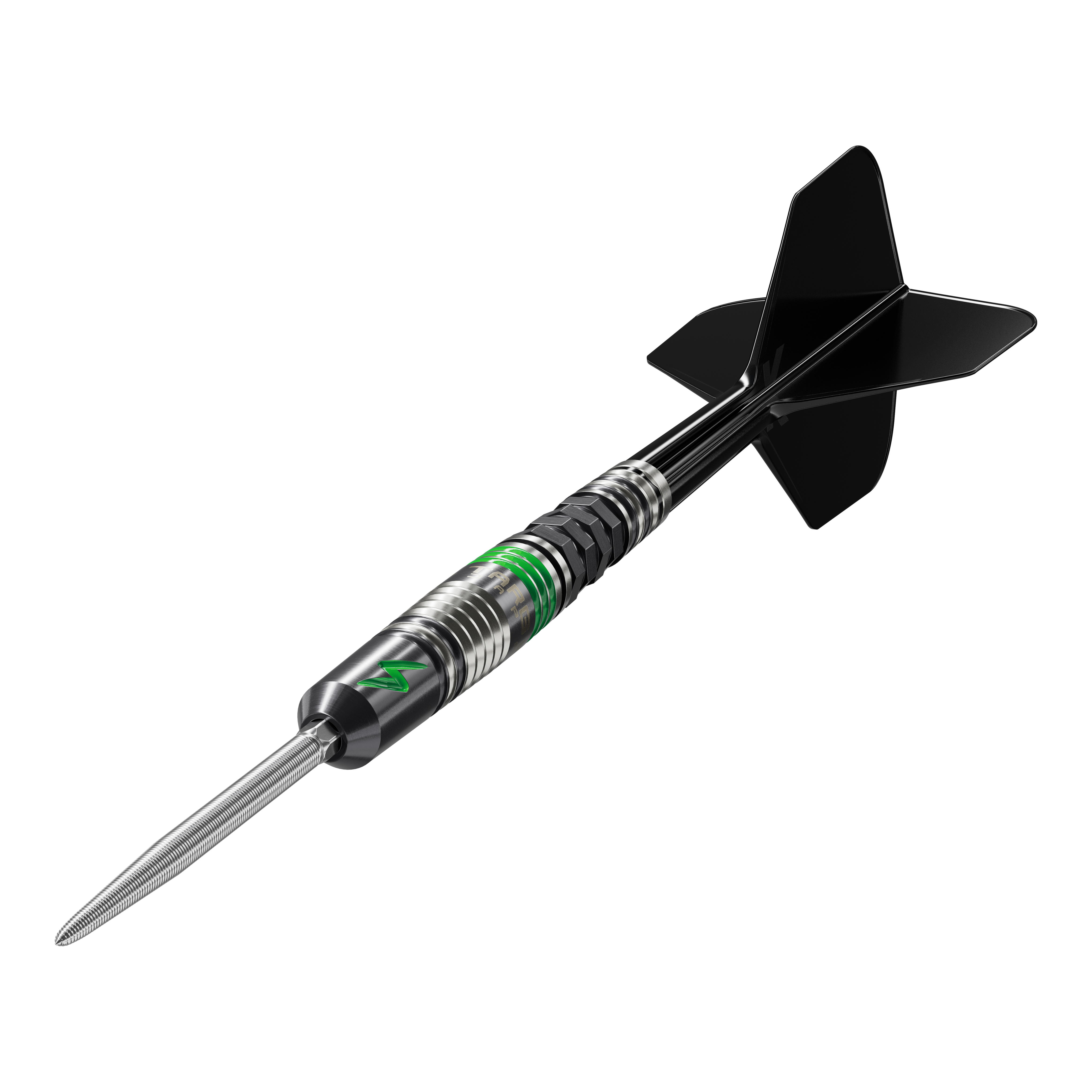 Dardos de acero Target Japan Black Marque Lightning 3 SP Das Bild zeigt den Target Japan Black Marque Lightning 3 SP Steeldart. Der Dartpfeil ist schwarz-silber mit grünen Akzenten und hat schwarze Flights.