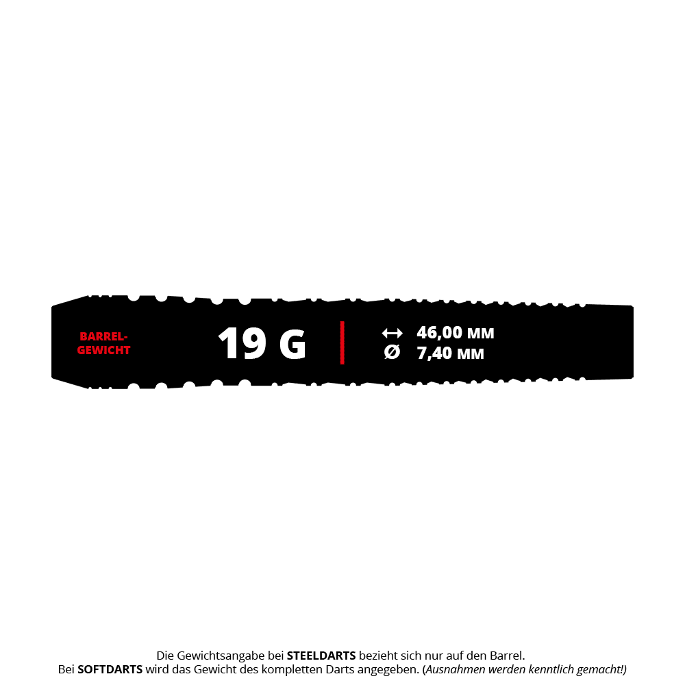 Das Bild zeigt die Produktspezifikationen für die "Target Japan Black Marque Renegade 4 Softdarts - 19g". Die Darts wiegen 19 Gramm, sind 46,00 mm lang und haben einen Durchmesser von 7,40 mm.