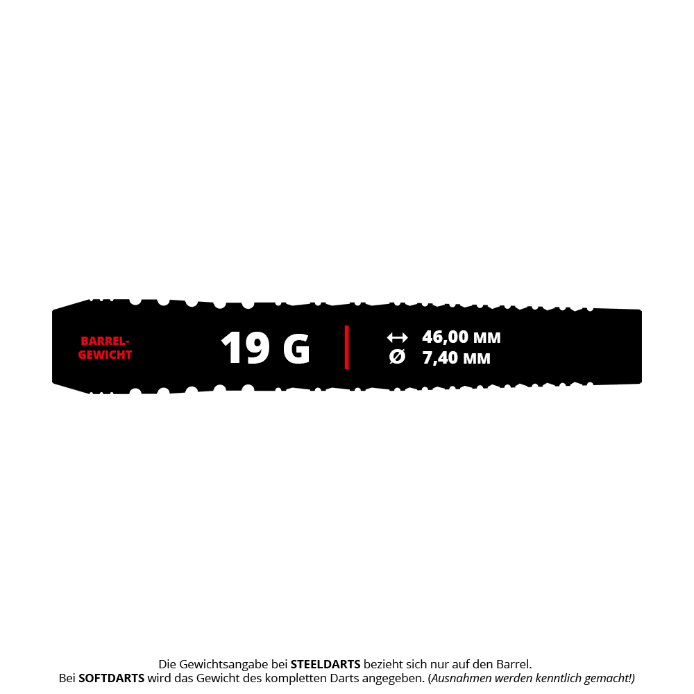 Dardos blandos Target Japan Black Marque Renegade 4 - 19 g Das Bild zeigt die Produktspezifikationen für die "Target Japan Black Marque Renegade 4 Softdarts - 19g". Die Darts wiegen 19 Gramm, sind 46,00 mm lang und haben einen Durchmesser von 7,40 mm.