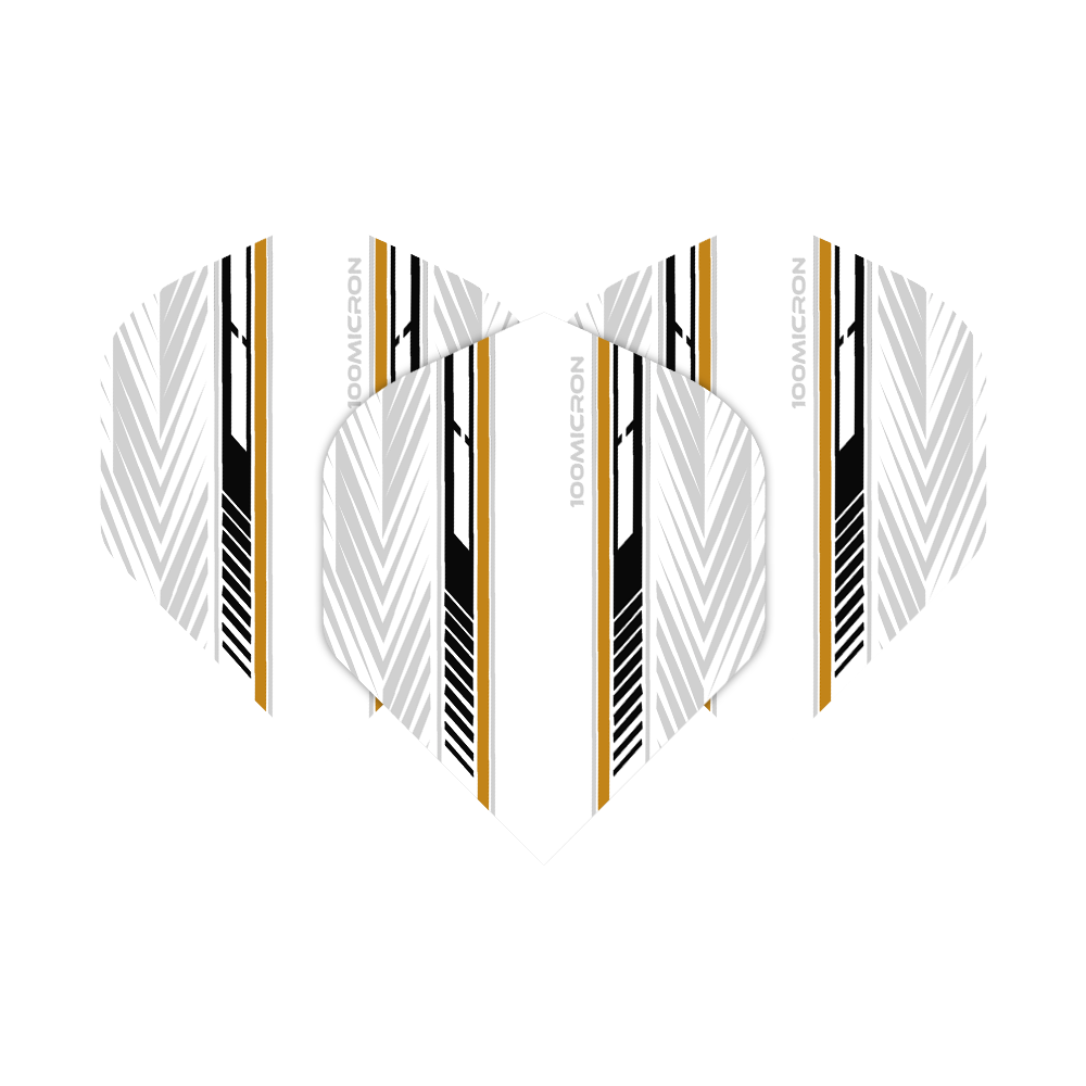 Vuelos de pentatlón blanco/negro/dorado Das Bild zeigt die Pentathlon White Black Gold No2 Standard Flights für Dartpfeile. Die Flights sind überwiegend weiß mit schwarzen und goldenen Zierstreifen sowie geometrischen Mustern.