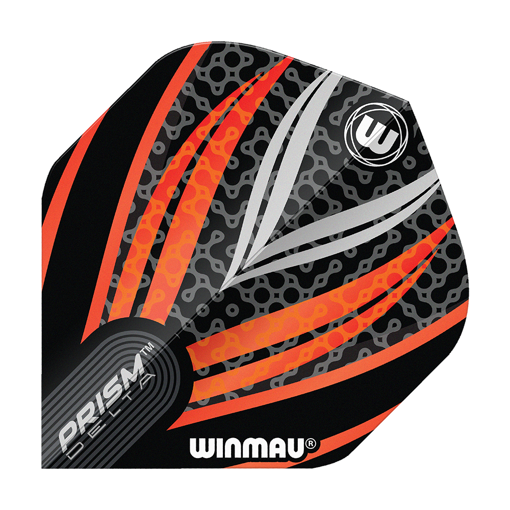 Winmau Prism Delta Negro Blanco Naranja No. 2 Vuelos Estándar Das Bild zeigt ein Dart-Flight der Marke Winmau mit dem Namen "Prism Delta Schwarz Weiß Orange No2 Standard Flights". Das Design besteht aus schwarzen, weißen und orangefarbenen Streifen mit einem modernen Muster.