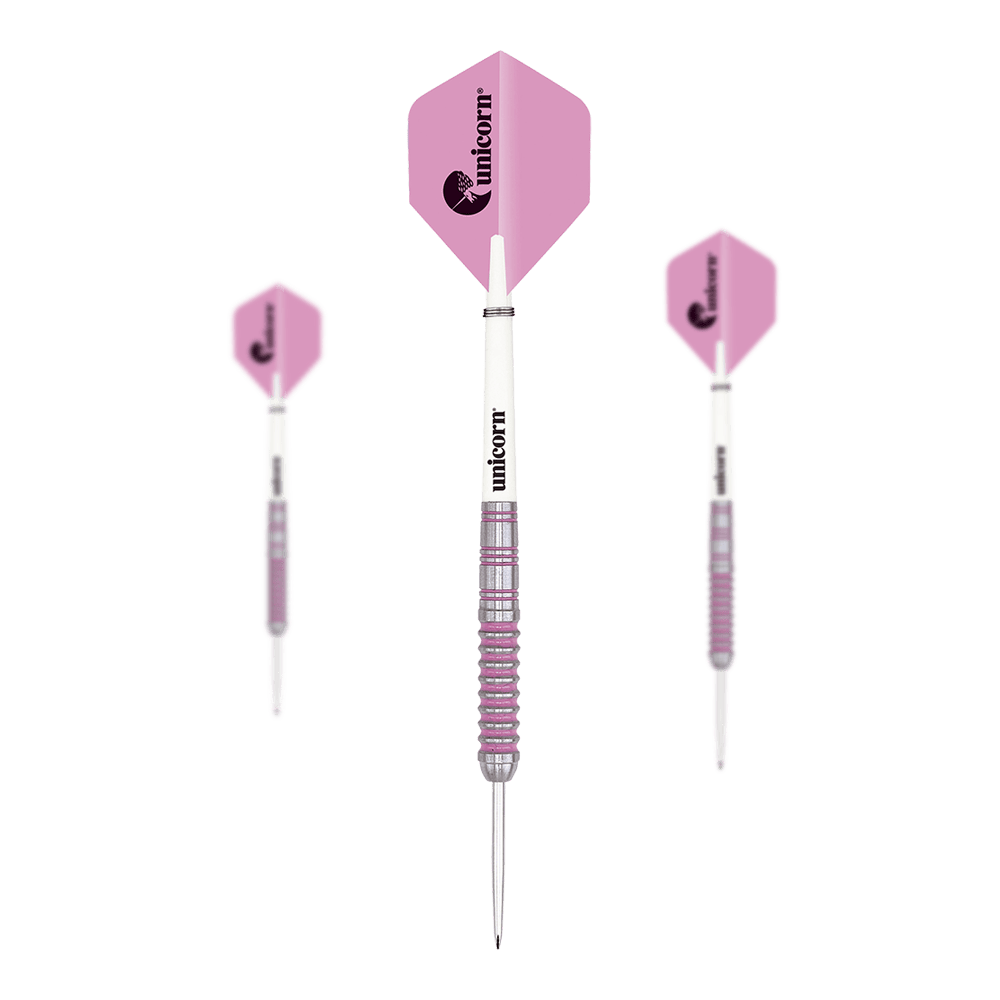 Dardos de acero con autógrafos de unicornio Das Bild zeigt drei Unicorn Autograph Steeldarts mit rosa Flights. Die Darts haben eine weiße Mitte und einen geriffelten, silber-rosa Schaft.