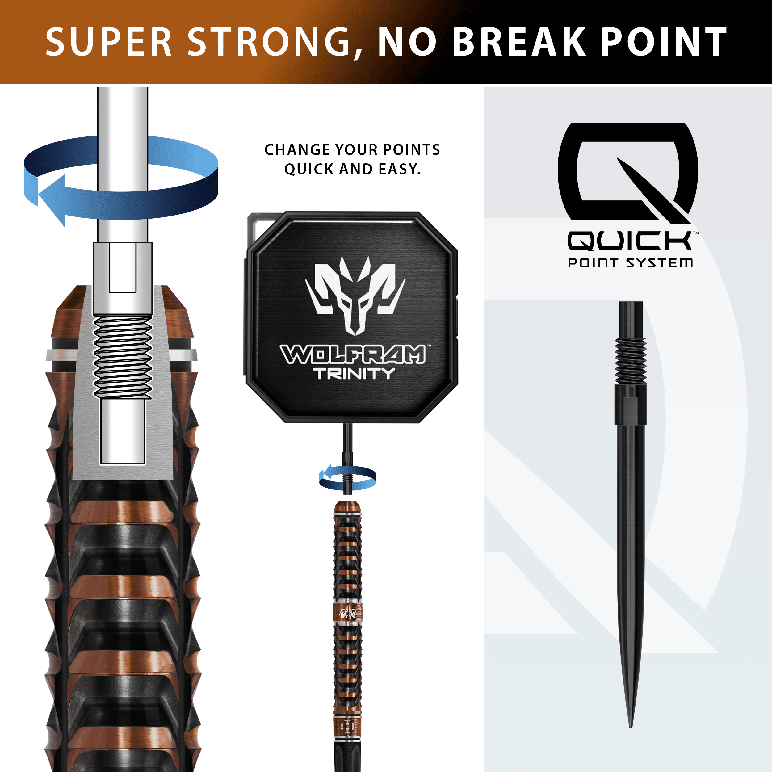 Dardos de acero de punta rápida Harrows Tungsten Trinity Auf diesem Foto sind die Harrows Wolfram Trinity Quick Point Steeldarts dargestellt. Das Design dieser Darts betont Präzision und Stabilität.