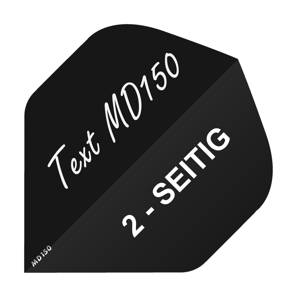 MD-200_2-Seitig_Bedruckte_Flights_Wunschtext_MD150_Schwarz_Standard_1 Das Bild zeigt ein schwarzes Feld mit dem Text "Text MD150" und "2-SEITIG" in weißer Schrift. Es handelt sich um ein Beispielbild für bedruckte Flights mit Wunschtext, Modell MD150 Standard.