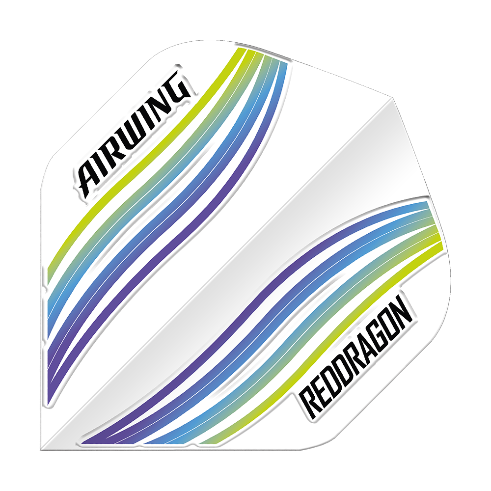 Vuelos estándar de Red Dragon Airwing Blue Wave Das Bild zeigt das Produkt "Red Dragon Airwing Blue Wave Standard Flights". Es hat ein weißes Design mit blauen, grünen und violetten Wellenlinien sowie den Aufschriften "AIRWING" und "REDDRAGON".