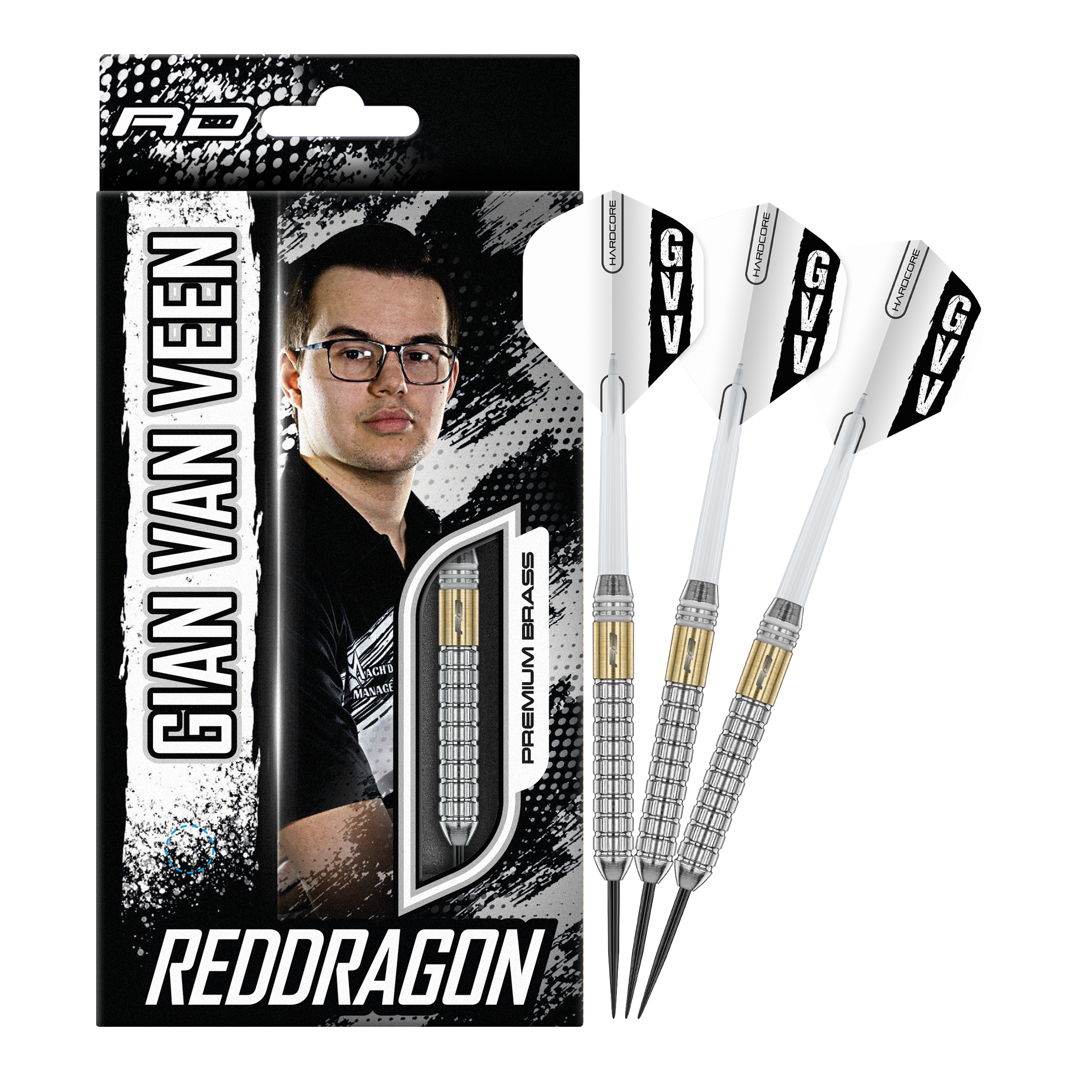 Dardos de acero de latón Red Dragon Gian Van Veen - 21 g Zu sehen sind die kompletten Red Dragon Gian Van Veen Brass Steeldarts mit 21 g. Dieses Produkt eignet sich für Steeldartspiele auf Wettkampfniveau.