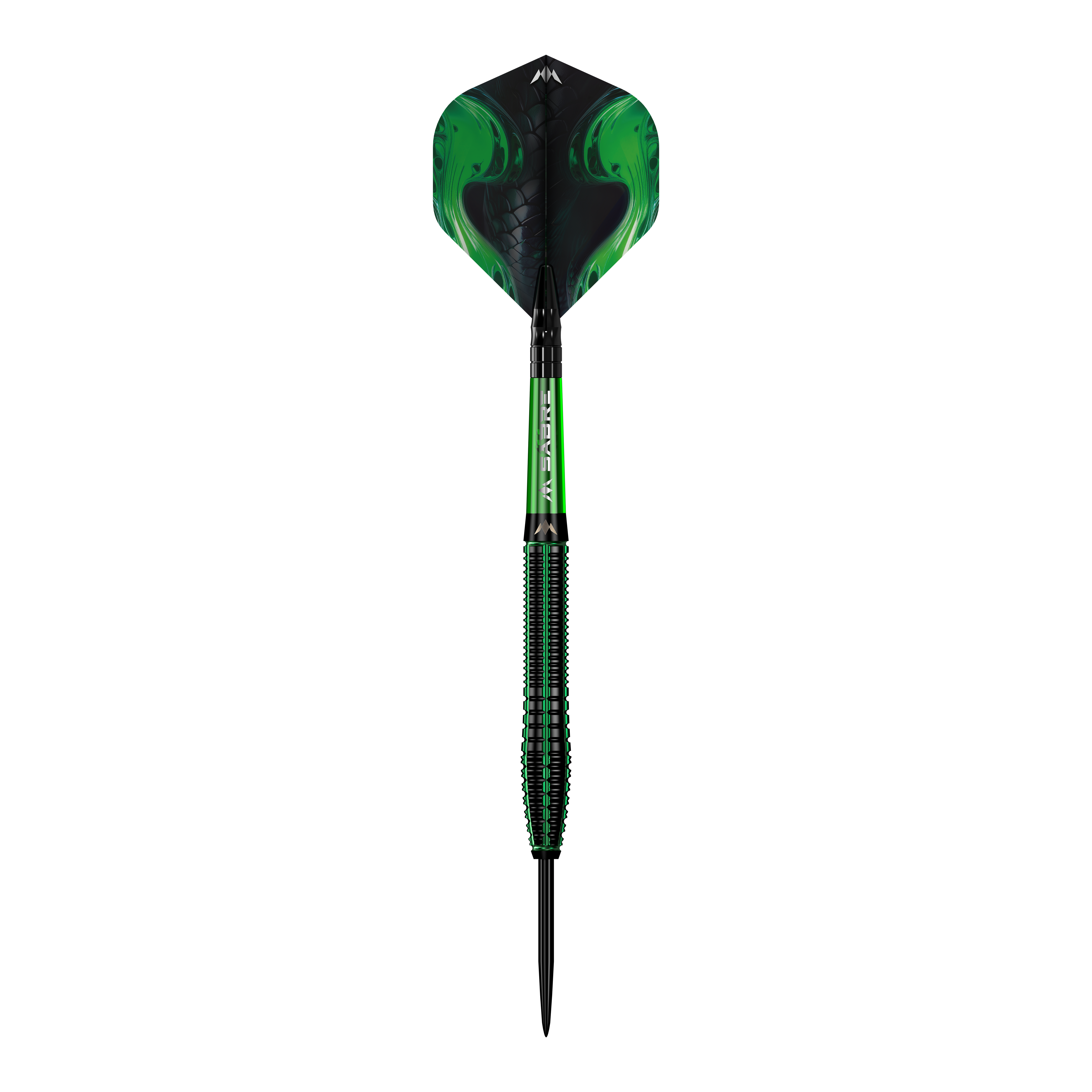dardos de acero Mission Venom Das Bild zeigt einen Mission Venom Steeldart mit einem auffälligen, grünen Design. Der Schaft und die Flights haben ein modernes Muster, das an Schlangenhaut erinnert.