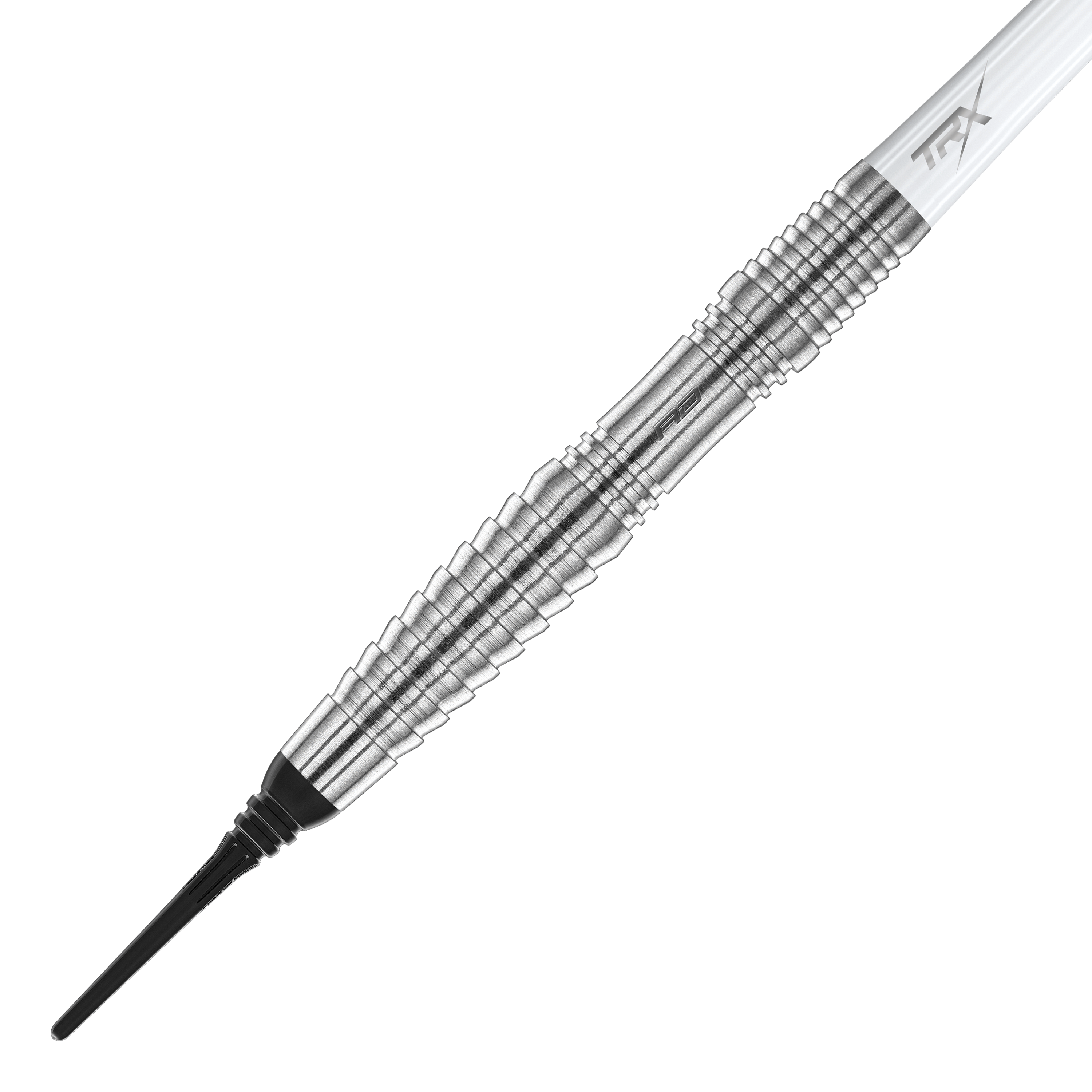 Dardos blandos Red Dragon Seren 3 Pure - 20 g Das Bild zeigt einen Red Dragon Seren 3 Pure Softdart mit einem Gewicht von 20g. Der Dart hat einen silberfarbenen, geriffelten Metallkörper und eine schwarze Spitze.