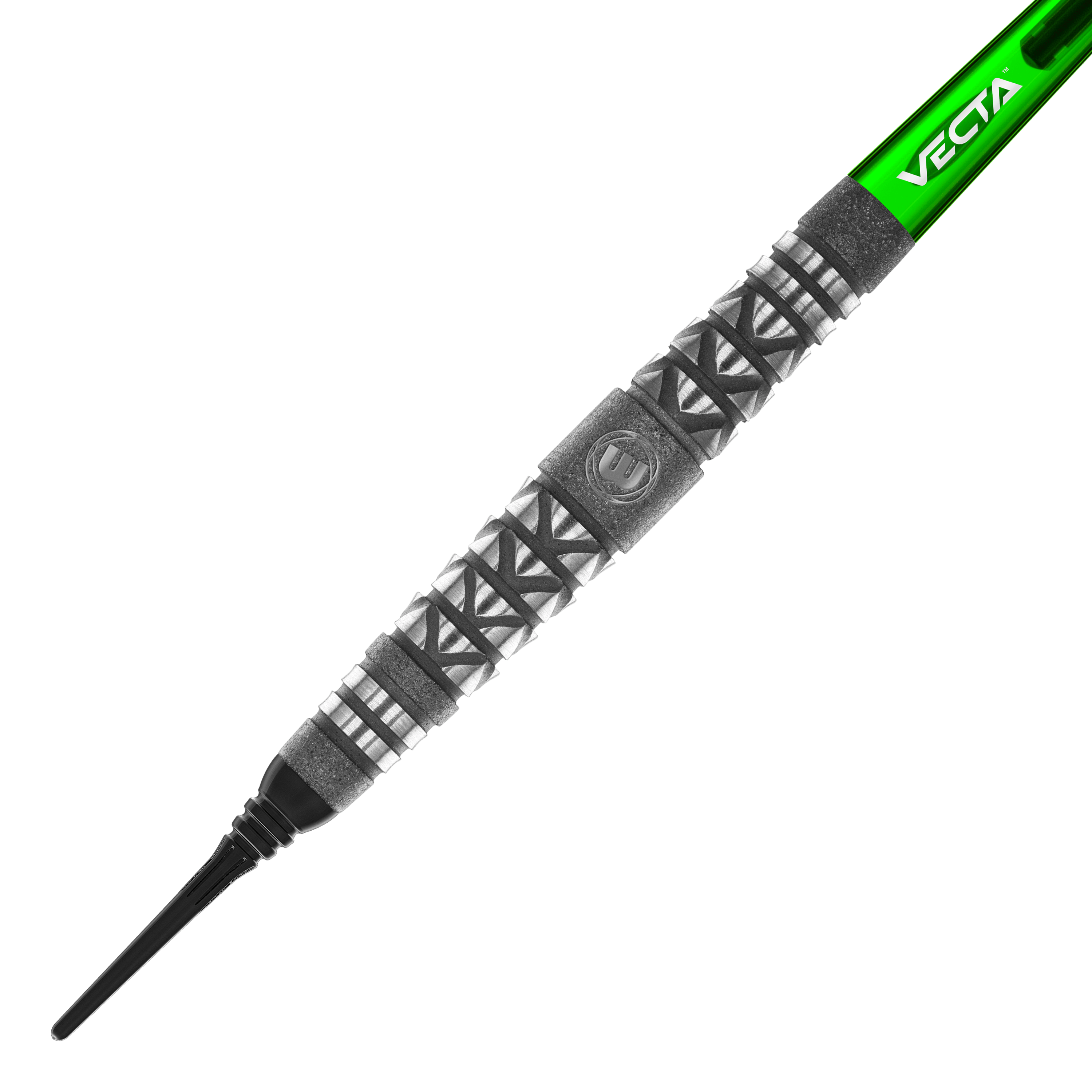 Dardos suaves con agarre atomizado Winmau Simon Whitlock Das Bild zeigt einen Winmau Simon Whitlock Atomised Grip Softdart. Der Dart hat ein auffälliges Griffmuster und einen grünen Schaft mit der Aufschrift "VECTA".