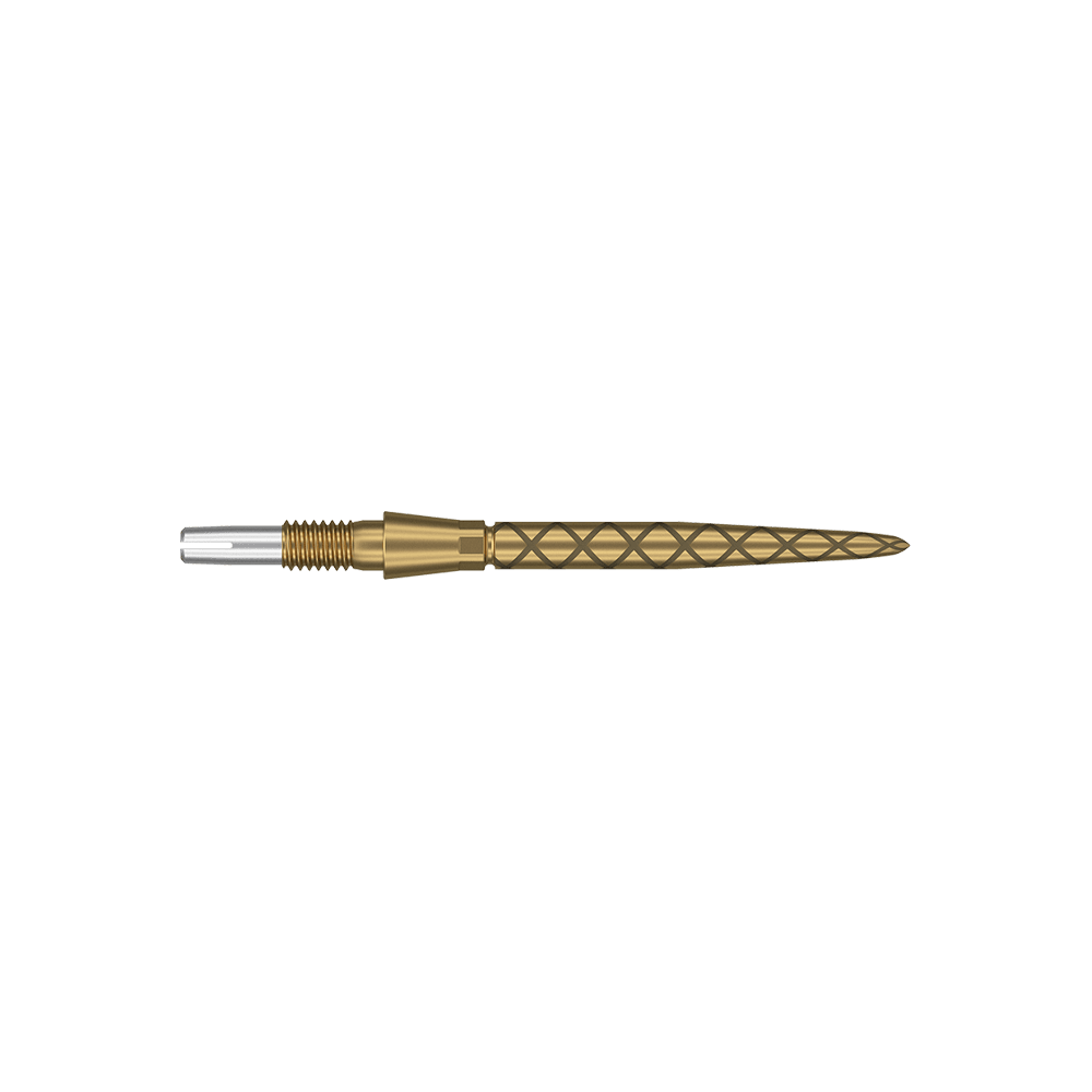 Puntas de dardos Target Swiss Storm Diamond Point - Oro Dies ist eine goldfarbene Dartspitze mit einem diamantförmigen Muster. Sie ist schlank, länglich und hat eine Länge von 26 mm.