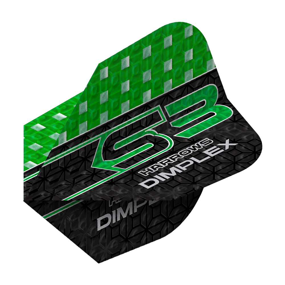 Plumas Harrows Dimplex S3 - Verde Das Bild zeigt einen grünen und schwarzen Dartflight mit der Aufschrift "Harrows Dimplex S3". Das obere Drittel ist grün mit silbernen Quadraten, der Rest ist schwarz mit einem Muster und weißen Schriftzügen.