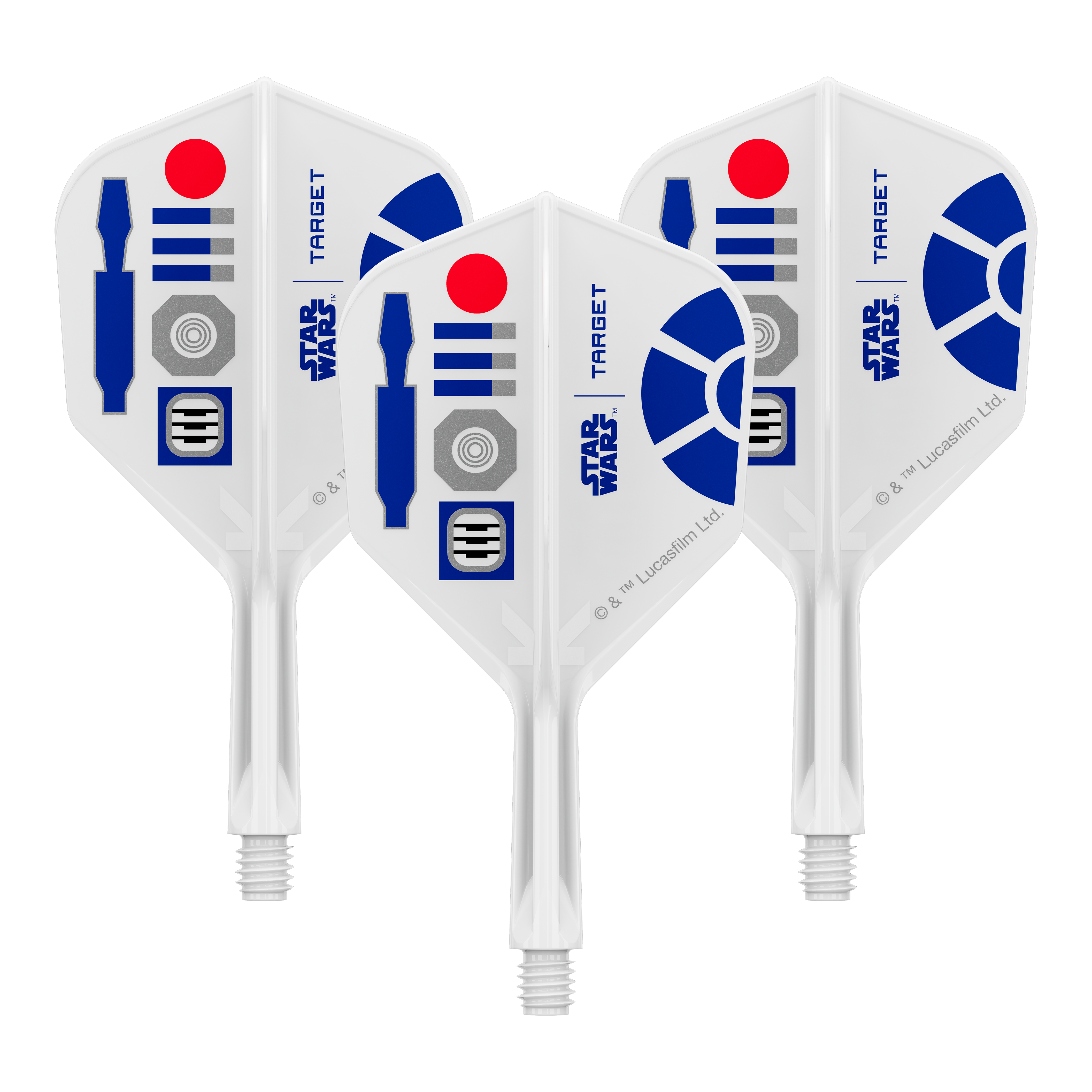 Vuelos Target Star Wars K-Flex R2D2 No6 Abgebildet sind Dart-Flights mit Star Wars R2D2 Motiv und dem Dateinamen 410510_Target_StarWars_KFlex_R2D2_No6_Flights_Short_19mm_1Set. Es handelt sich um ein Set kurzer Dart-Flights.