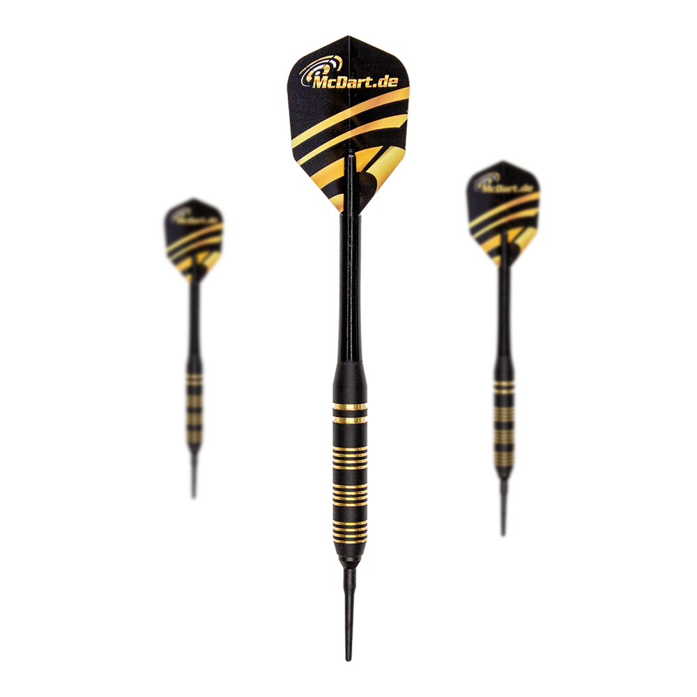 Dardos Royal Softdarts - 17 g Das Bild zeigt drei Royal Softdarts mit einem Gewicht von 17g. Die Darts sind schwarz mit goldenen Ringen und haben Flights mit dem Logo "McDart.de".