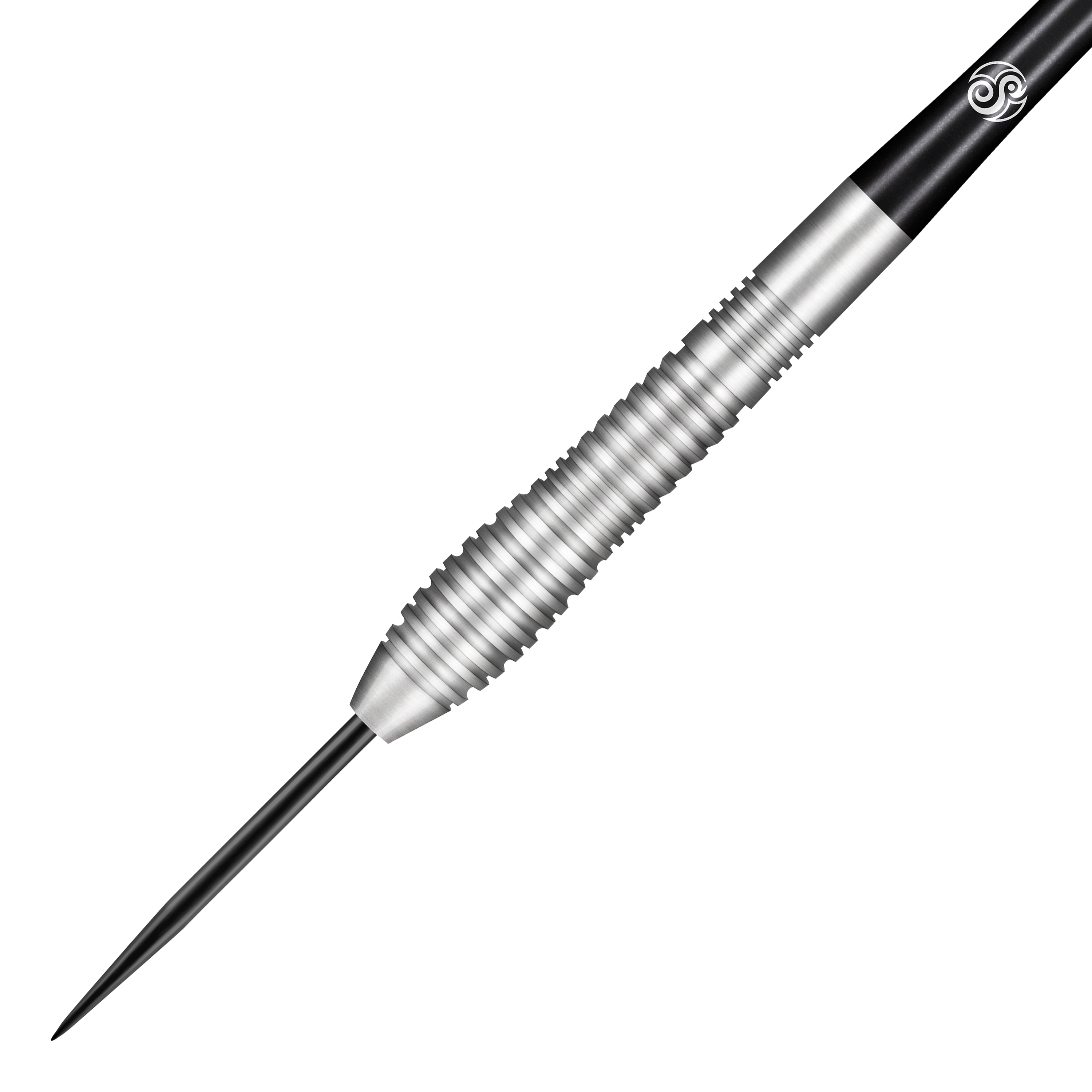 Dardos de acero Kestrel de Shot Birds Of Prey Das Bild zeigt einen Shot Birds Of Prey Kestrel Steeldart. Der Dartpfeil hat einen silbernen, geriffelten Körper und eine schwarze Spitze.