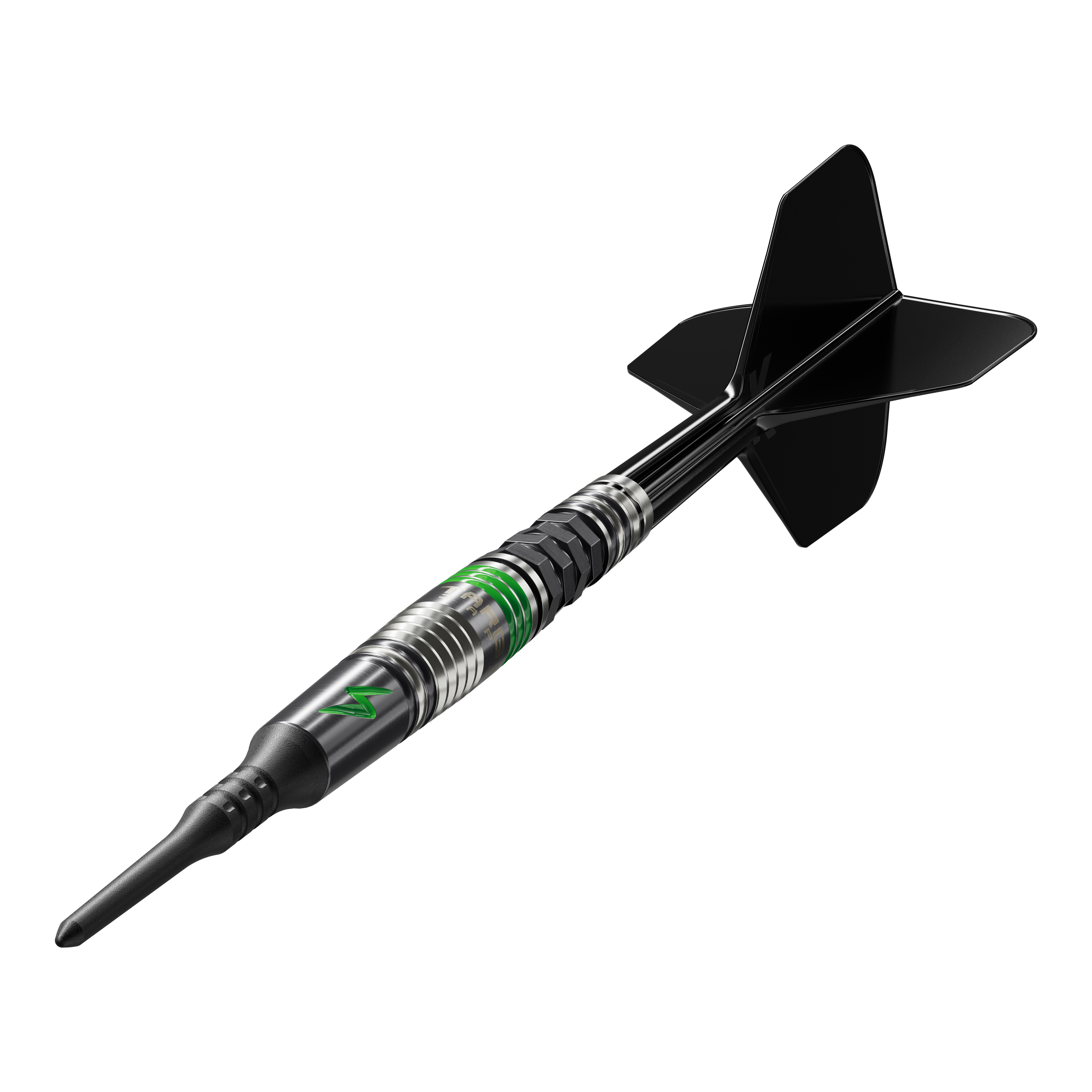 Dardos blandos Target Japan Black Marque Lightning 3 - 19 g Das Bild zeigt einen Softdart der Marke Target Japan Black Marque Lightning 3 mit einem Gewicht von 19 Gramm. Der Dartpfeil ist schwarz und silber mit grünen Akzenten und hat schwarze Flights.