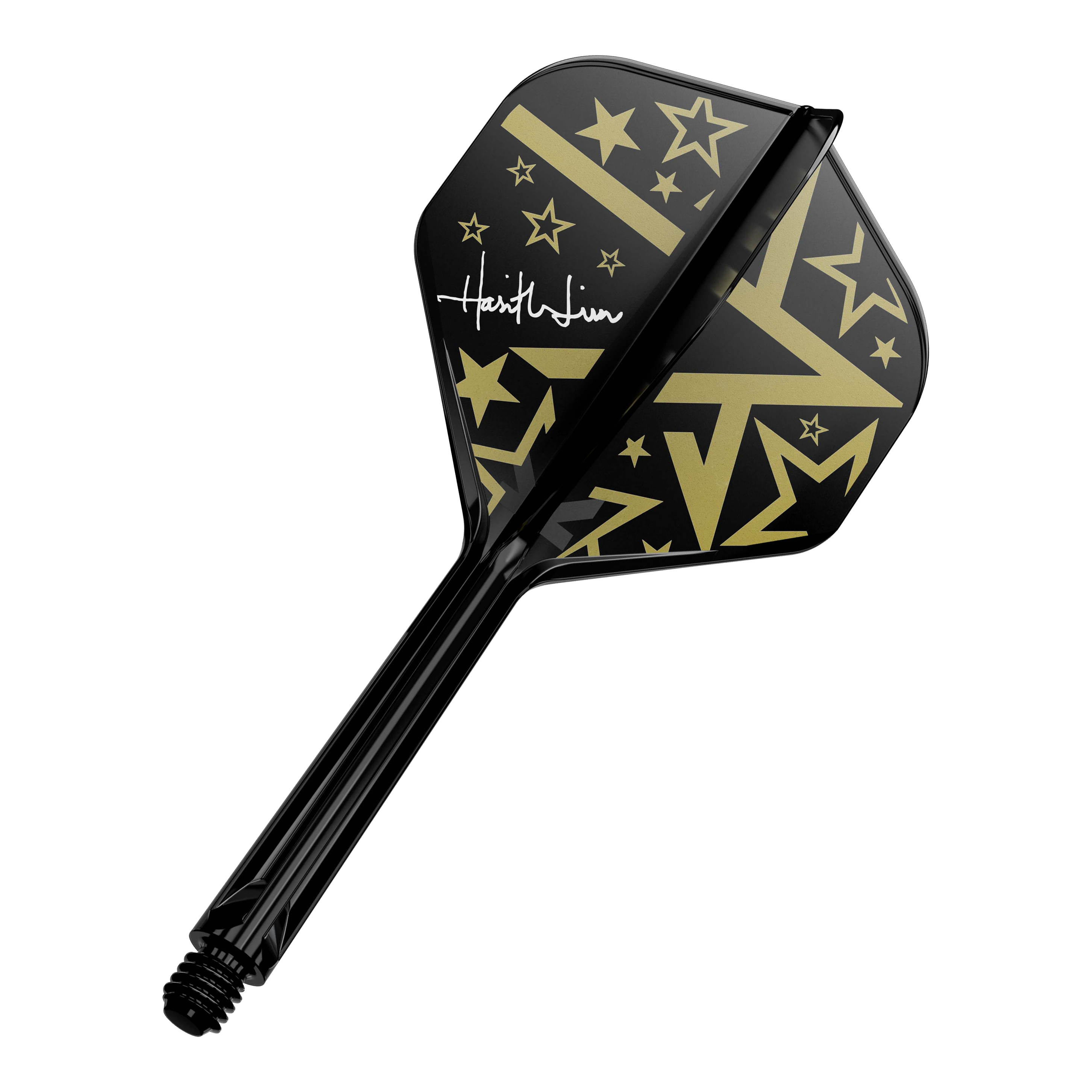 Sistema de eje de vuelo estándar Target Japan K-Flex Hot Shot No2 Dies ist ein schwarzer Dartschaft mit einem Flight in Schwarz und Gold. Das Flight-Design zeigt goldene Sterne und geometrische Muster sowie eine weiße Unterschrift.