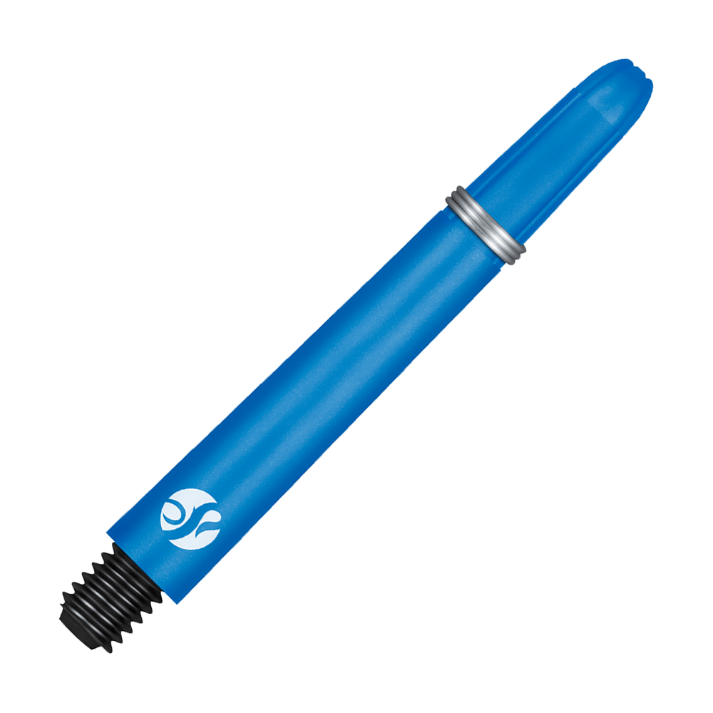 Flechas de carbono Shot Koi - Azul Dies ist ein blauer Carbon-Schaft für einen Dartpfeil. Am unteren Ende befindet sich ein schwarzes Gewinde zum Befestigen.