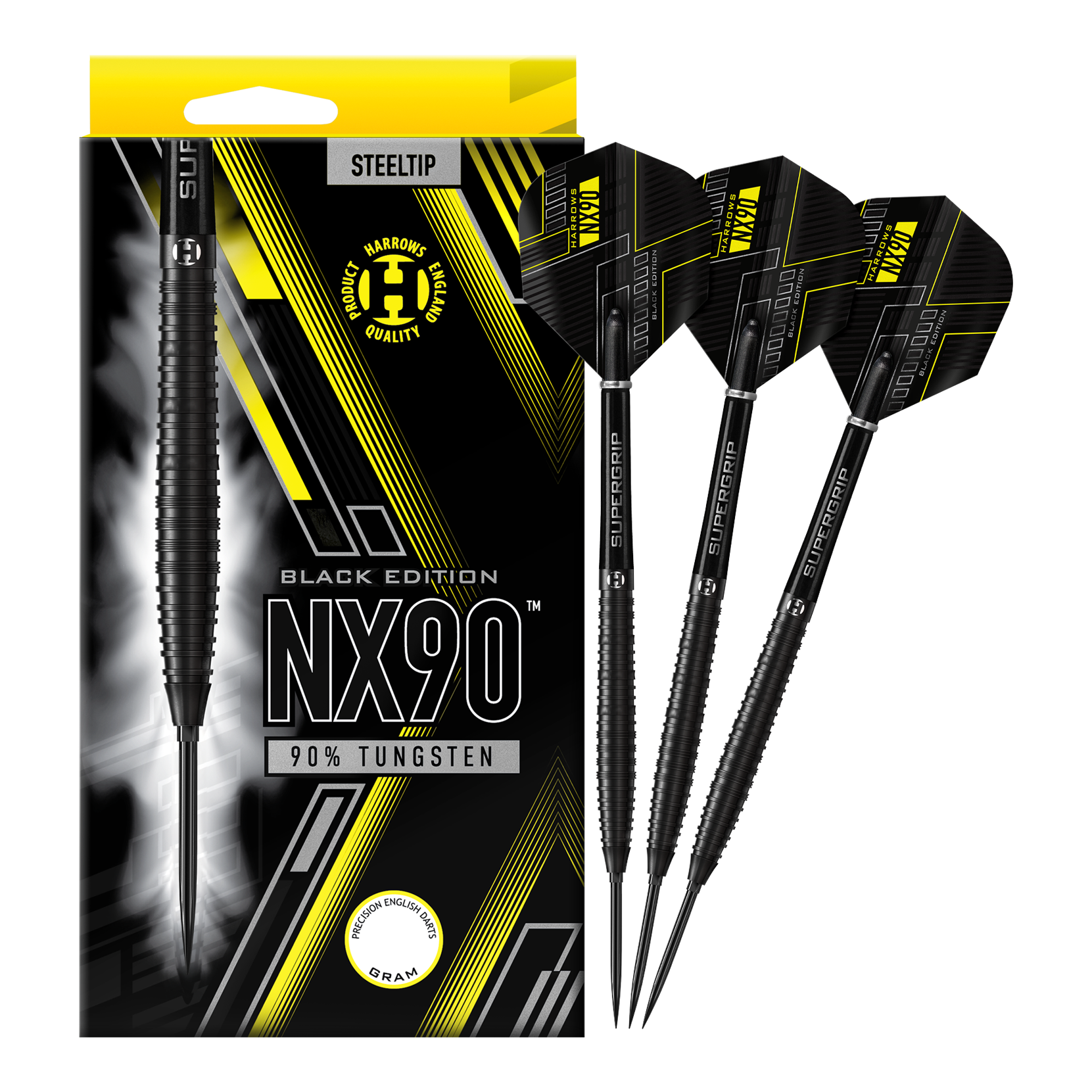 Dardos de acero de punta rápida cónica Harrows NX90 Black Edition Abgebildet sind die Harrows NX90 Black Edition Tapered Quick Point Steeldarts. Die schwarzen Steeldarts haben eine schlanke, konische Form.