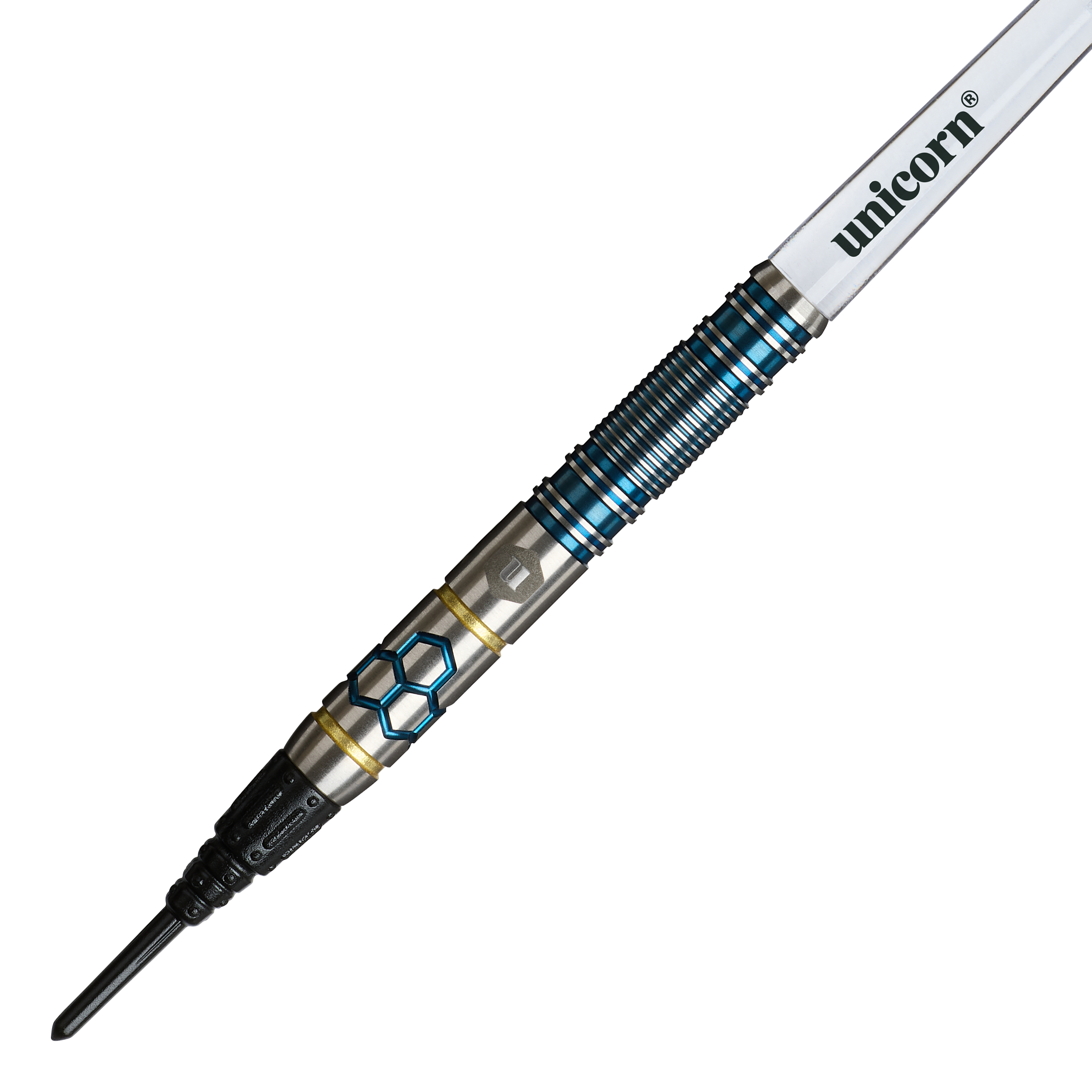 Dardos blandos Unicorn Hexium Style 02 azules y dorados - 21 g Unicorn Hexium Style 02 Blue & Gold Softdarts - 21g ist auf diesem Bild zu sehen. Die Softdarts sind in den Farben Blau und Gold gestaltet.