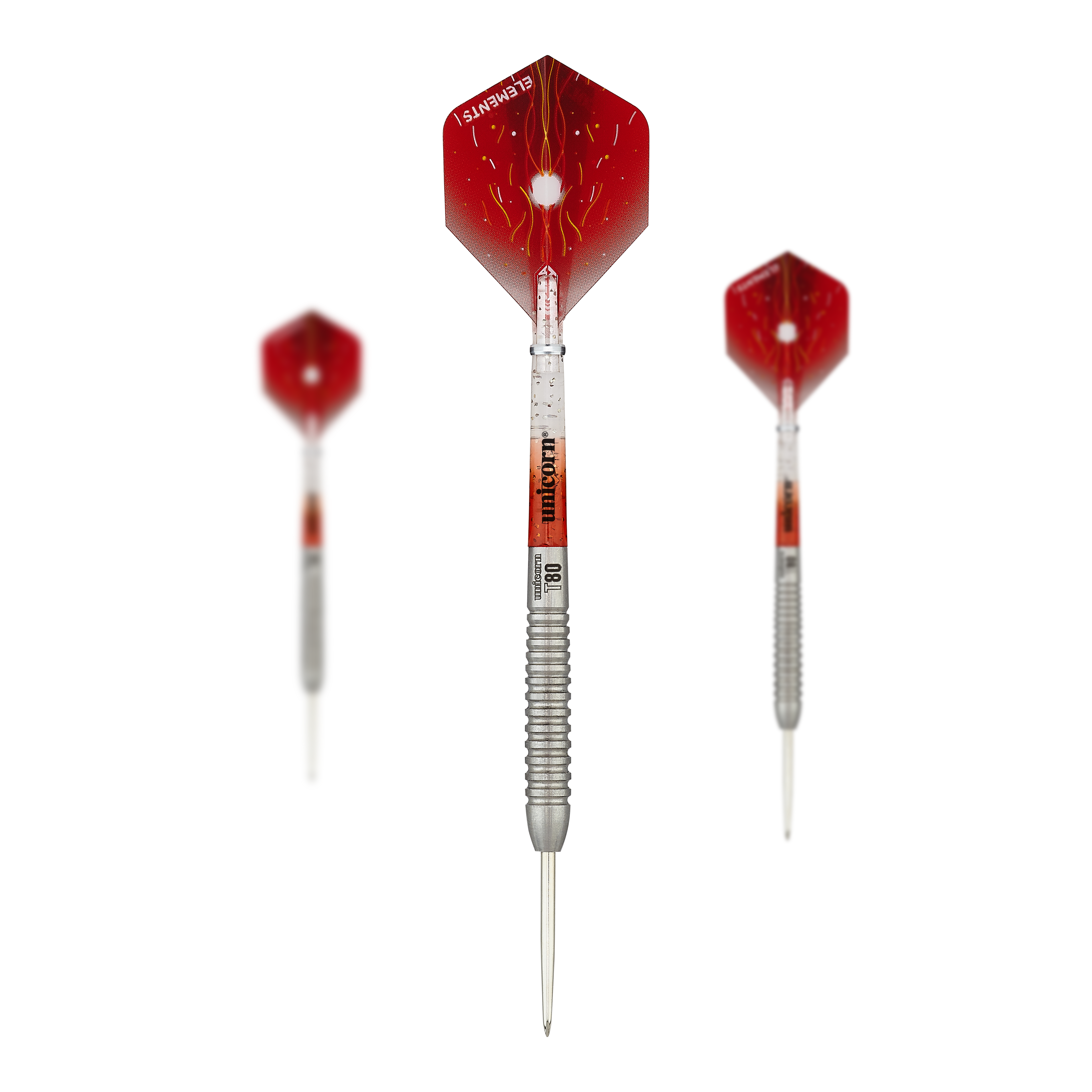 Dardos de acero Unicorn Core XL Striker Style 5 Das Bild zeigt drei Steeldarts des Produkts "Unicorn Core XL Striker Style 5". Die Darts haben rote Flights und einen silbernen, geriffelten Schaft.