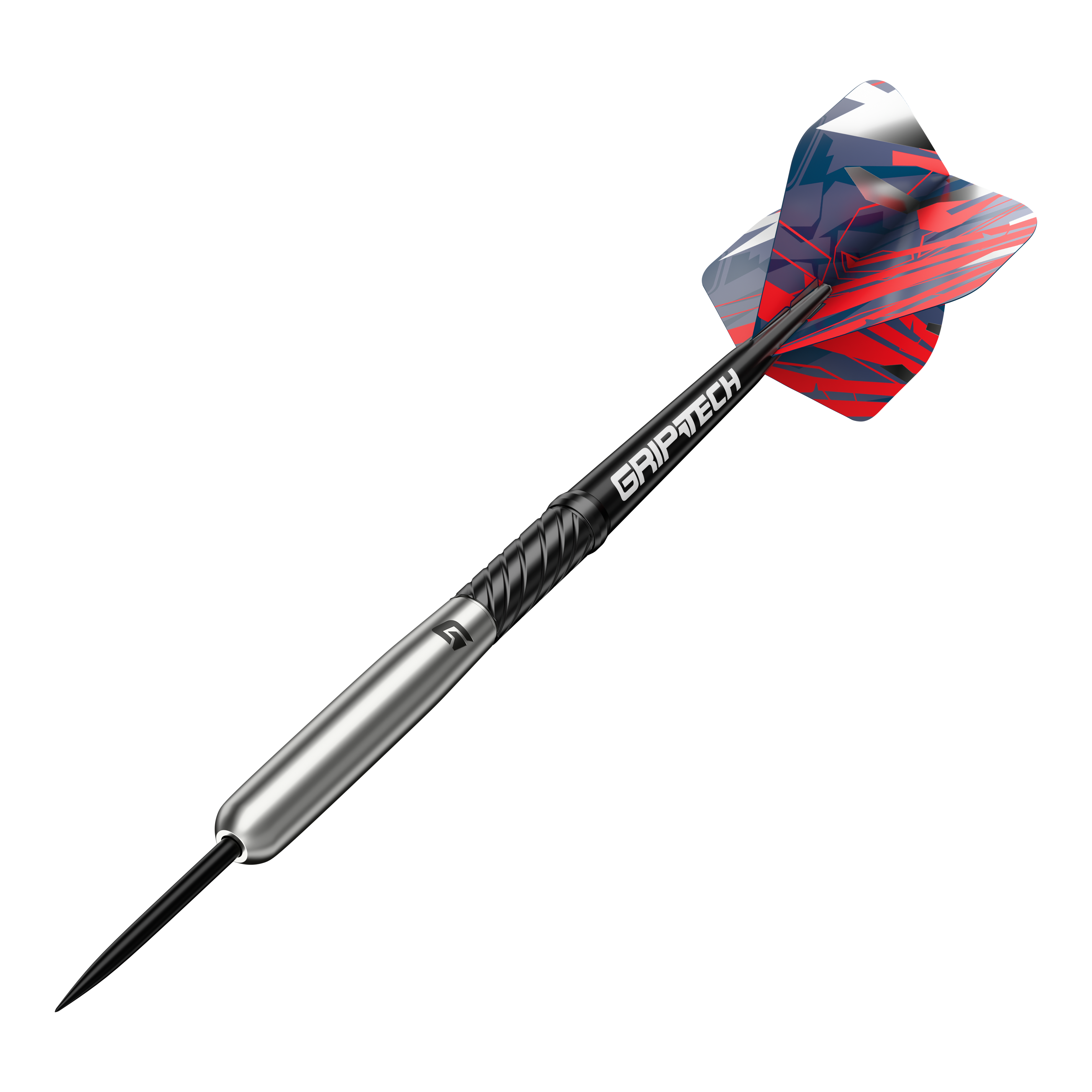 Dardos de béisbol de acero de tungsteno GOAT Homerun Das Bild zeigt einen GOAT Homerun Baseball Tungsten Steeldart mit farbigem Flight und schwarzem Schaft. Der Dart hat einen silbernen Körper und trägt die Aufschrift "GRIPTECH".