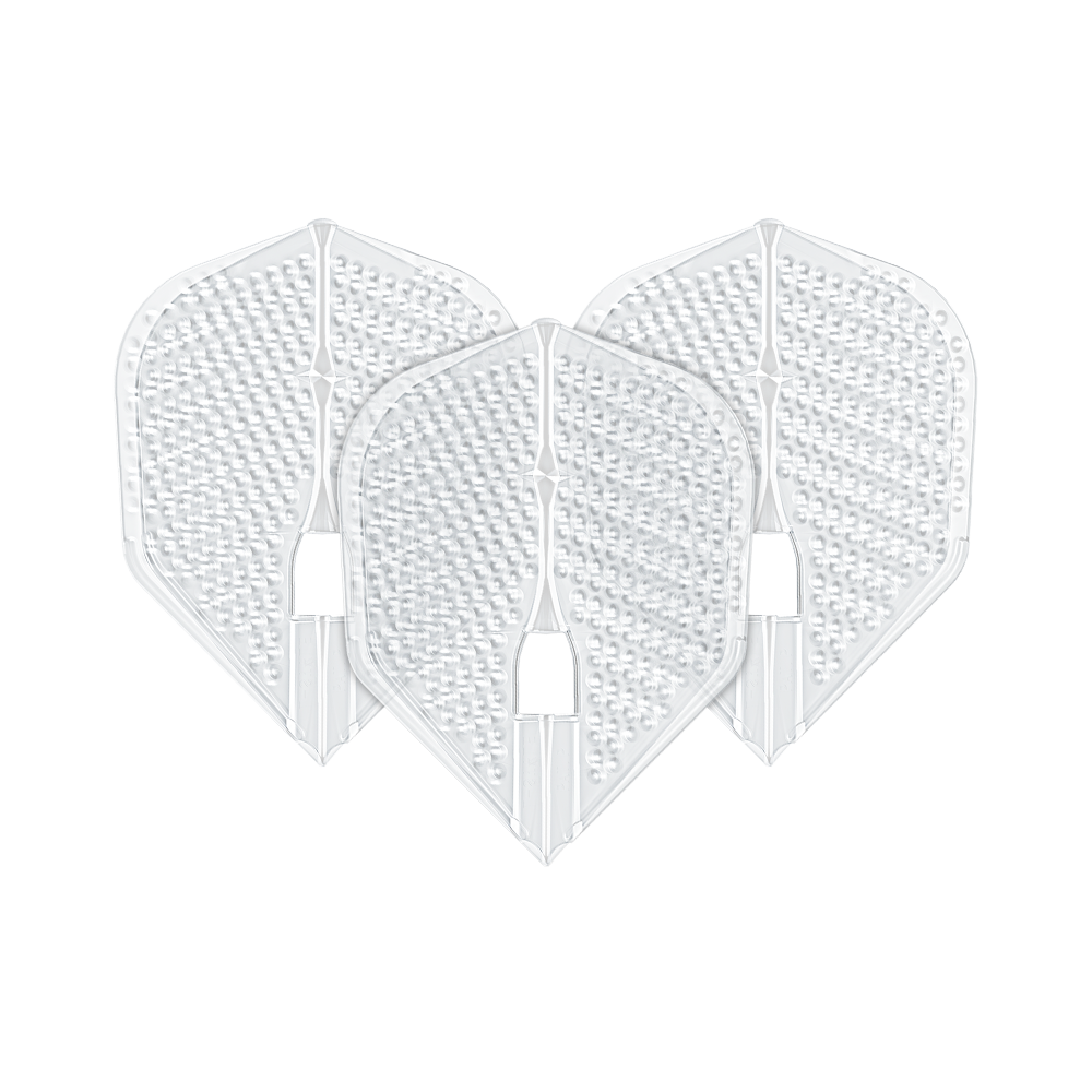 Plumas estilo L Dimple Champagne Forma L3PRO Das Bild zeigt drei transparente Darts-Flights in L3PRO Form mit Dimple-Oberfläche. Es handelt sich um das Produkt "L-Style Flights Dimple Champagne L3PRO Shape".