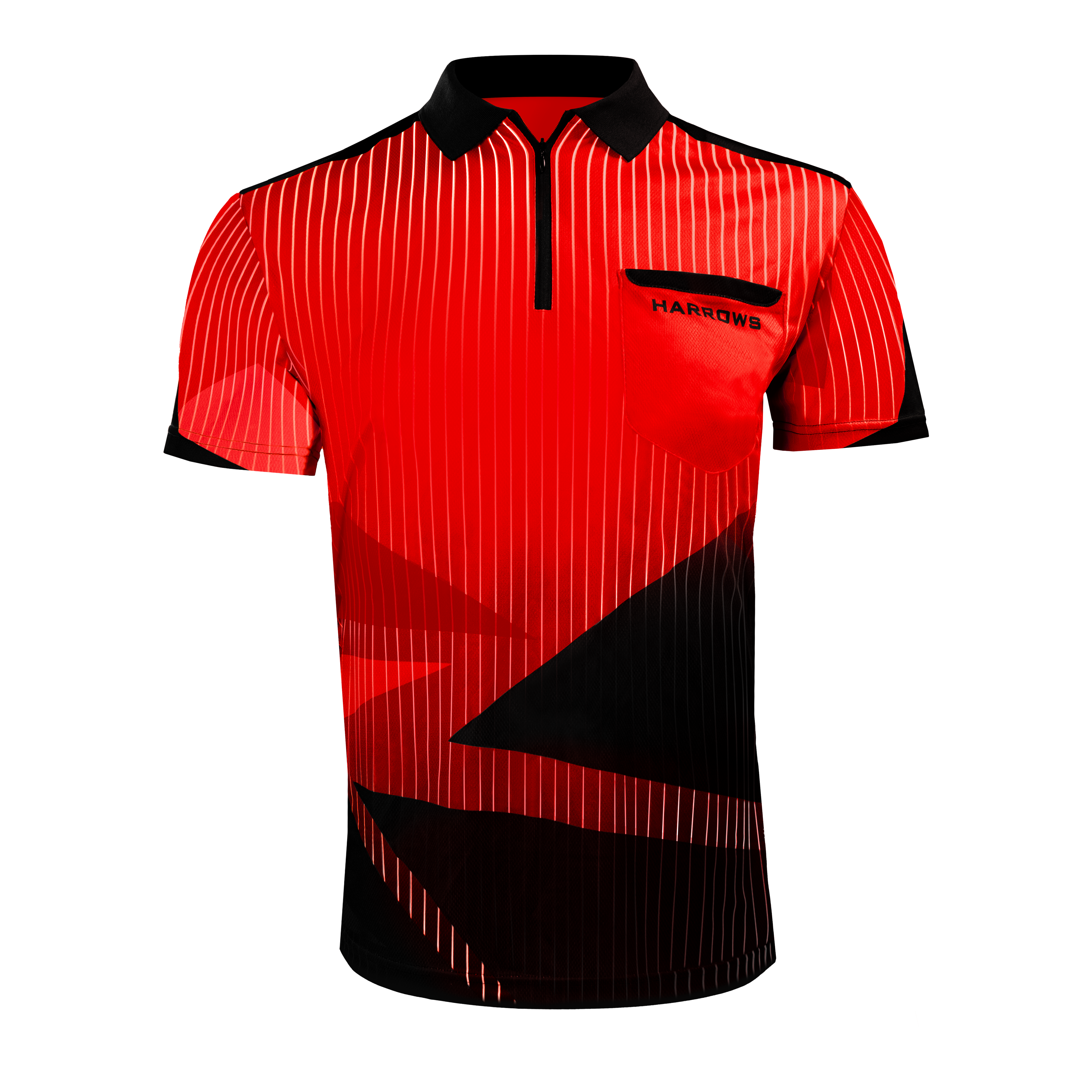 Harrows Shard Dartshirt - Rot Das Bild zeigt das Harrows Shard Dartshirt in Rot. Das Shirt hat ein modernes Design mit schwarzen und weißen Streifen sowie einem schwarzen Kragen.