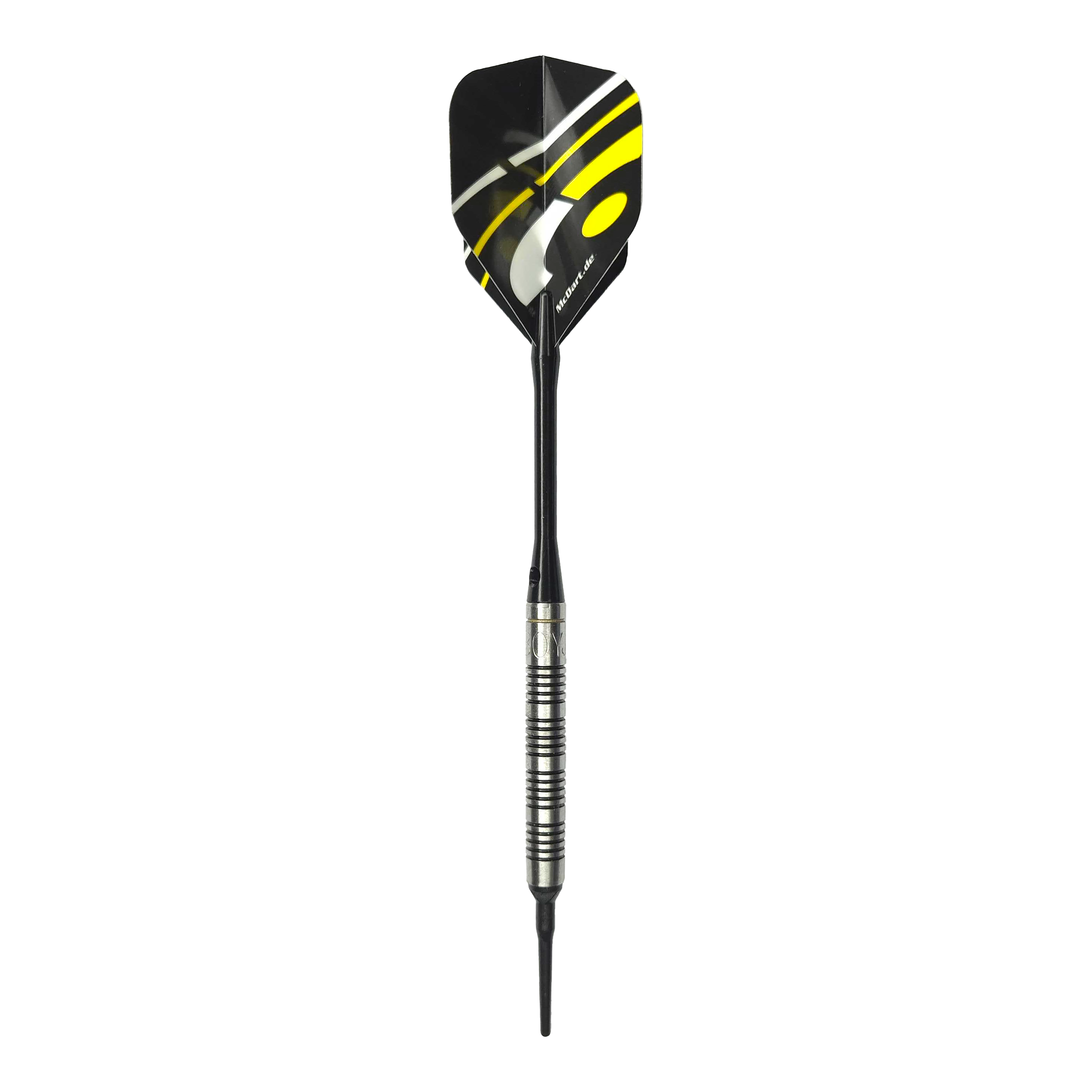Dardos blandos McDart 85 Tungsteno V17 - 16,5 g Das Bild zeigt den McDart 85er Tungsten V17 Softdart mit einem Gewicht von 16,5g. Der Dart hat ein modernes Design mit schwarzen und gelben Akzenten auf den Flights.