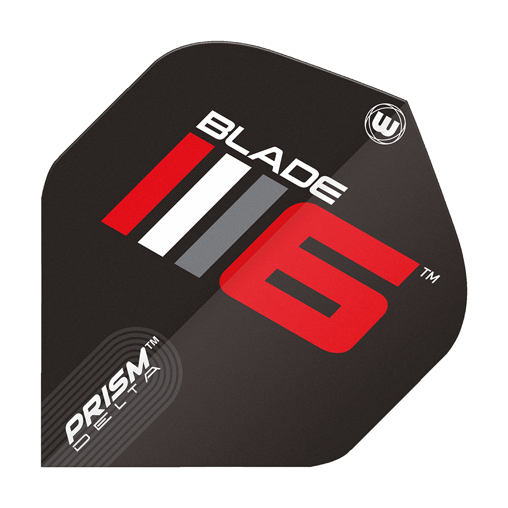 6915-225_Winmau_Prism_Delta_Blade6_A_Standard_Flights_1cMHioShH2goA4 Auf dem Bild ist das Winmau Prism Delta Blade 6 A Standard Flights abgebildet. Es zeigt ein modernes Design mit schwarzen, roten, weißen und grauen Elementen sowie den Schriftzügen „Blade 6“ und „Prism Delta“.