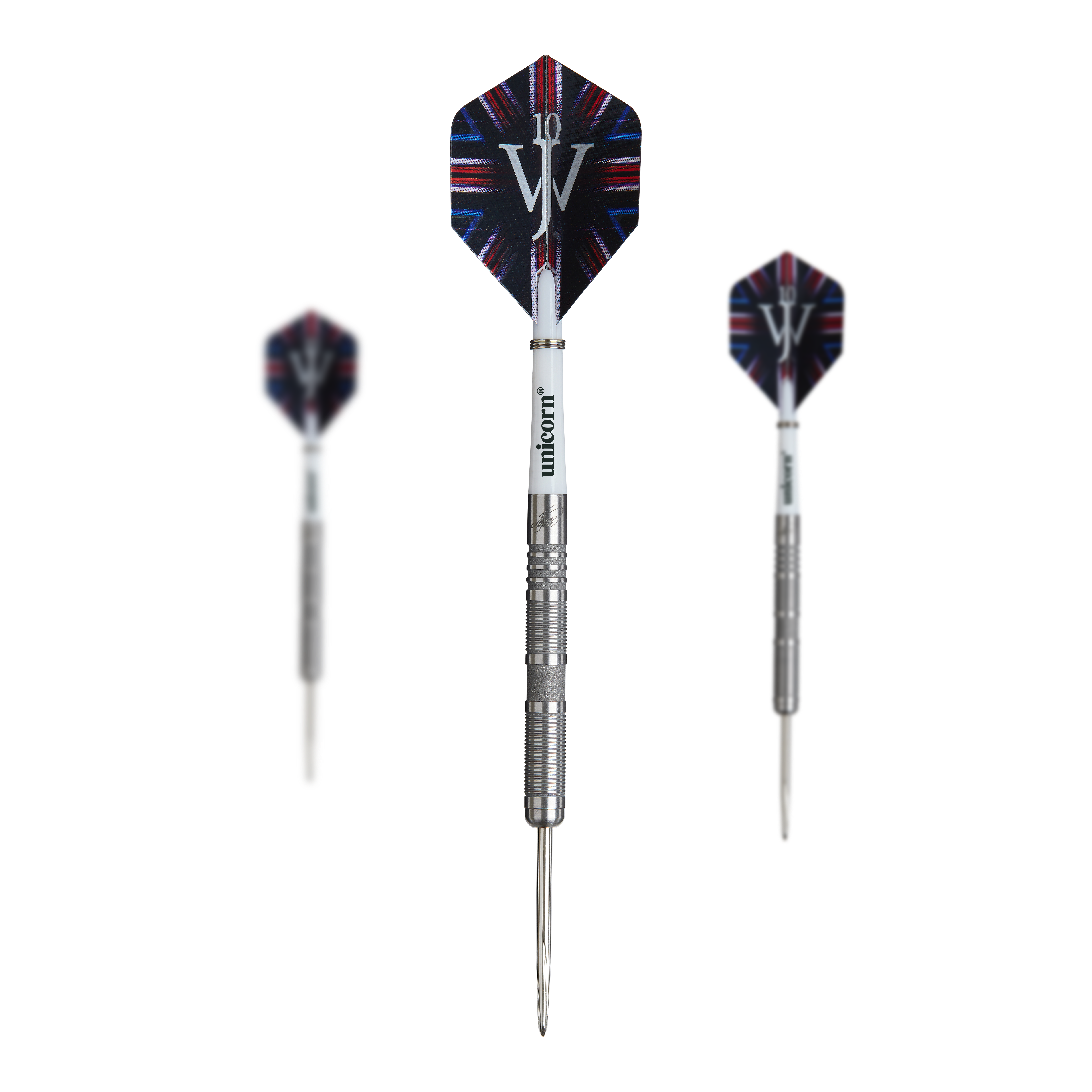 Dardos de acero Unicorn James Wade The Machine Range Phase 4 Das Bild zeigt drei Steeldarts aus der "Unicorn James Wade The Machine Range Phase 4" Serie. Die Darts haben silberne Spitzen und auffällige Flights mit einem weißen "JW"-Logo.