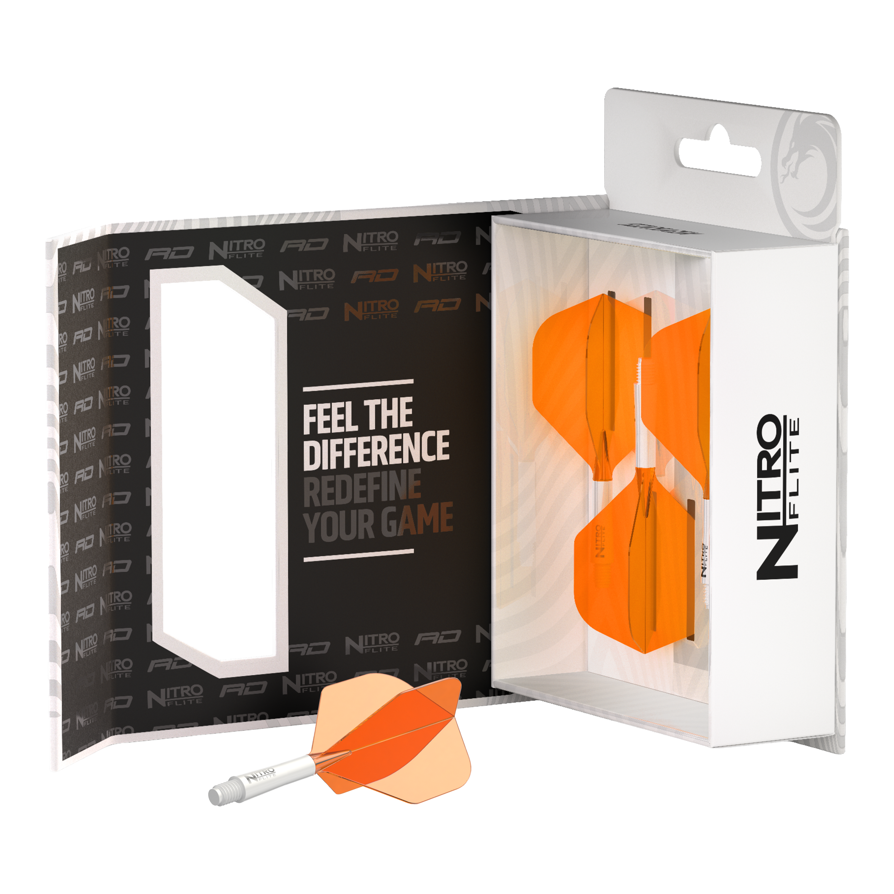 Red Dragon Nitroflite Eje blanco Vuelos naranjas No2 Abgebildet ist der Red Dragon Nitroflite White Shaft Orange Flights No2. Der Dart-Schaft ist weiß und die Flights sind orange.