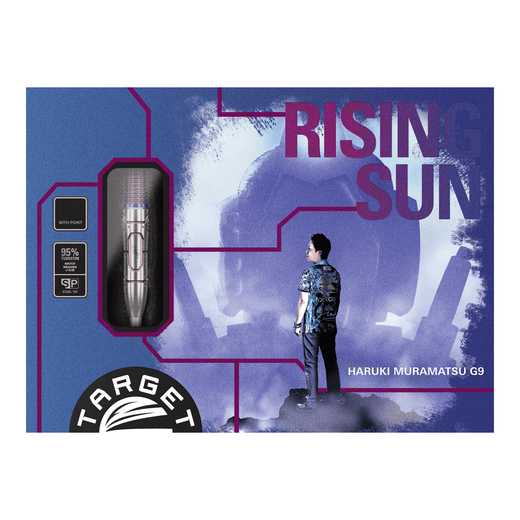 Dardos de acero Target Japan Haruki Muramatsu Rising Sun GEN9 - 23 g Die Abbildung zeigt die Verpackung der "Target Japan Haruki Muramatsu Rising Sun GEN9 Steeldarts - 23g". Auf der Packung sind ein Dartpfeil, das Logo von Target und ein Mann im Profil sowie der Schriftzug "Rising Sun" zu sehen.