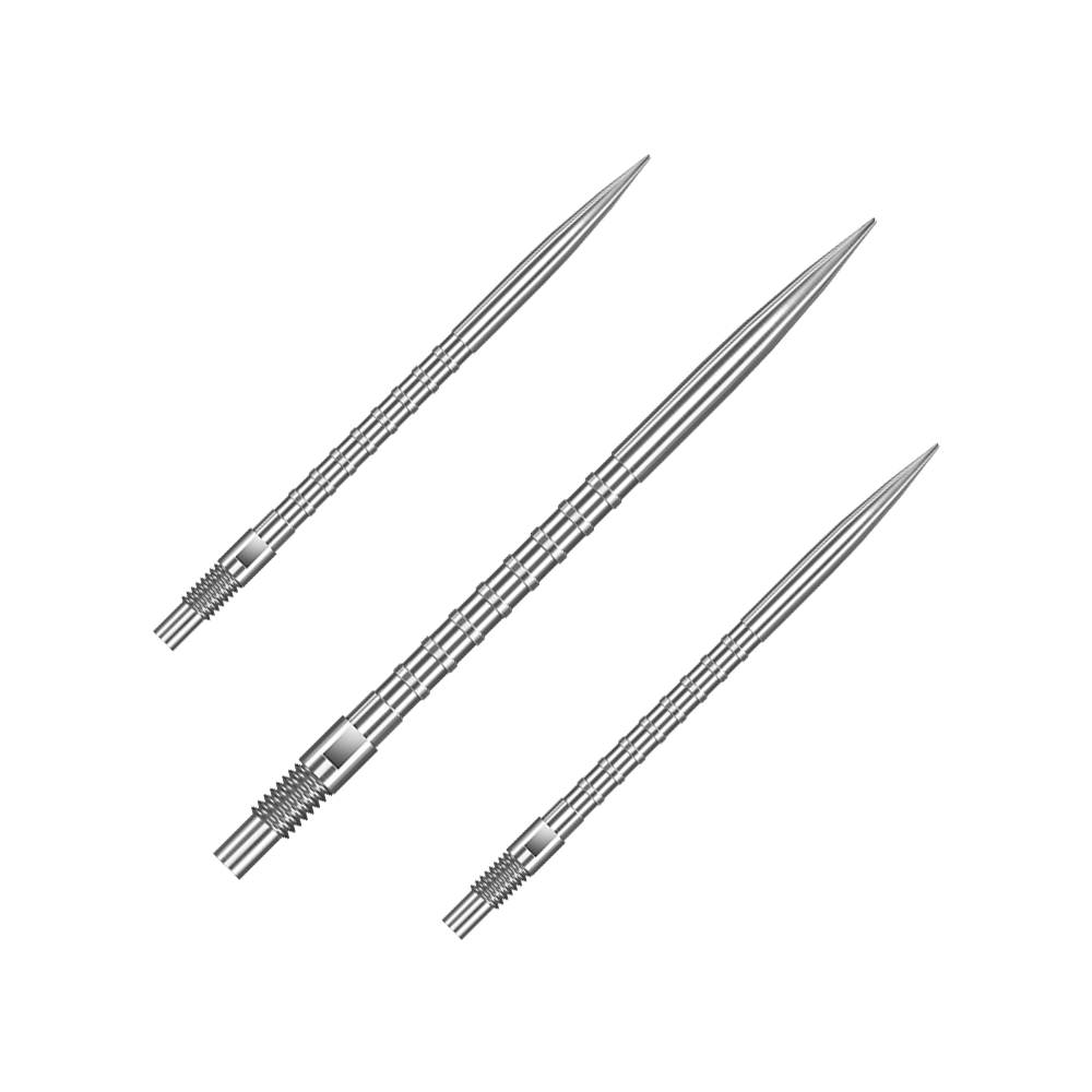 Puntas de dardos de metal pesado Harrows Quick Point - Plateadas Das Bild zeigt ein Set von silbernen Dartspitzen mit 40 mm Länge. Die Spitzen sind nebeneinander arrangiert.