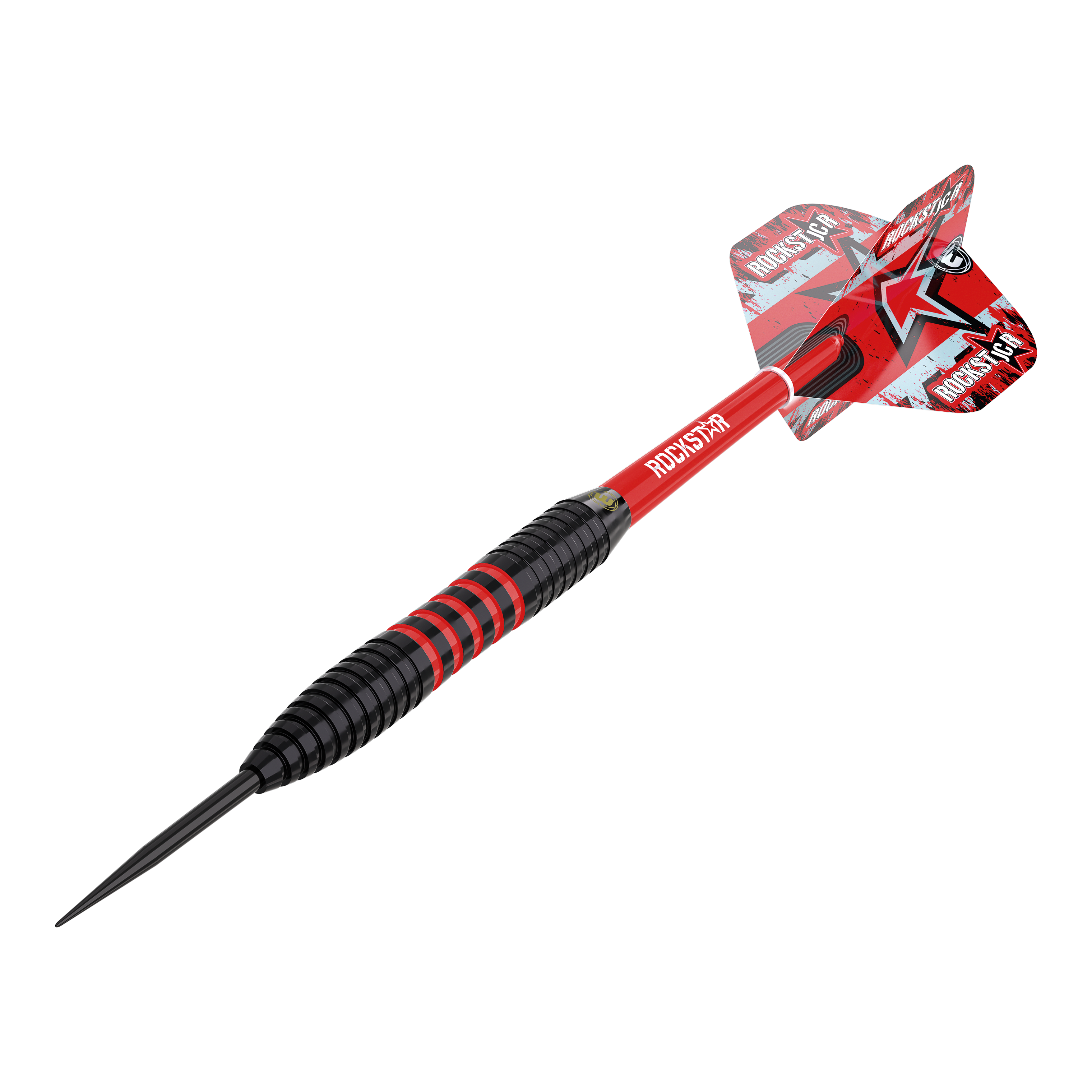 Dardos de acero de latón Winmau Joe Cullen - 20 g Das Bild zeigt einen Winmau Joe Cullen Brass Steeldart mit einem Gewicht von 20g. Der Dart ist schwarz und rot, mit einer auffälligen roten Flights und dem Schriftzug "ROCKSTAR".