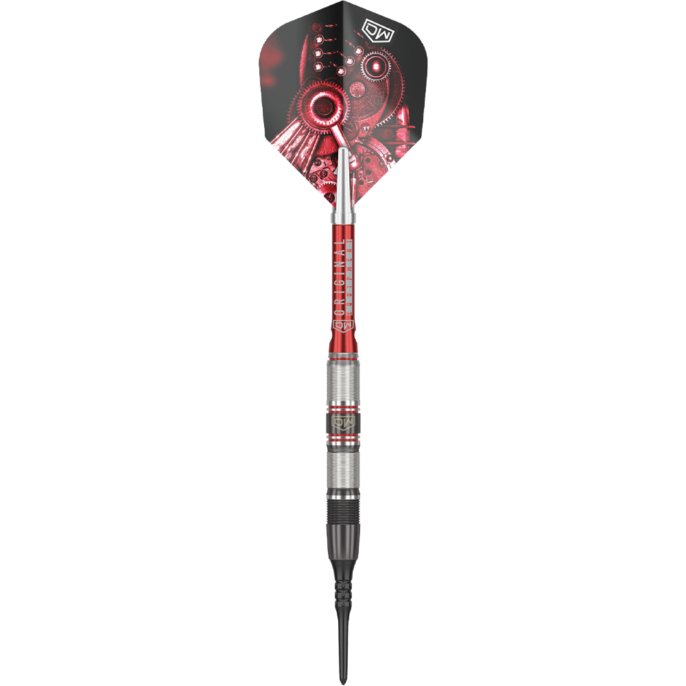 Dardos blandos DW Piranha Razor 02 Das Bild zeigt den Softdart "DW Piranha Razor 02". Der Dart hat ein silber-rotes Barrel und auffällige Flights mit einem Zahnrad-Design.