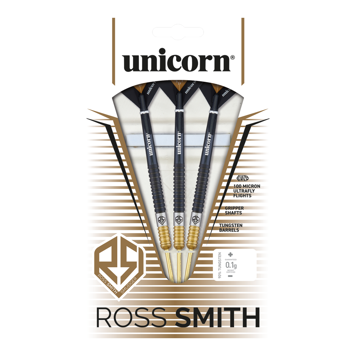 Dardos de acero bicolor Unicorn Ross Smith Das Bild zeigt die Unicorn Ross Smith Two-Tone Steeldarts in ihrer Verpackung. Die Verpackung hebt die Eigenschaften wie Gripper Shafts, 100 Micron Ultrafly Flights und Tungsten Barrels hervor.