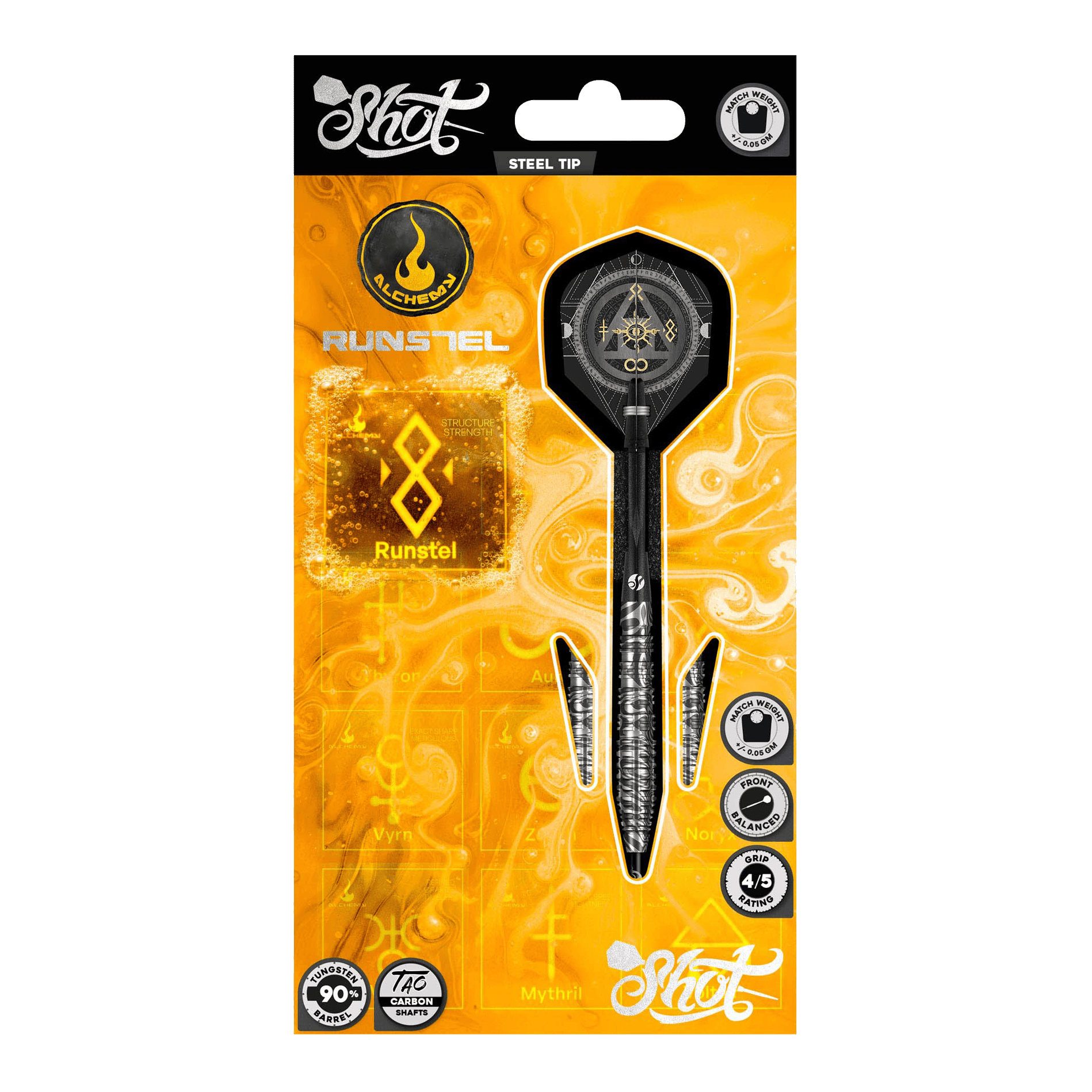 Dardos de acero Runstel de Shot Alchemy Das Bild zeigt die Shot Alchemy Runstel Steeldarts. Dieses Produkt sind hochwertige Steeldarts für Dartspieler.