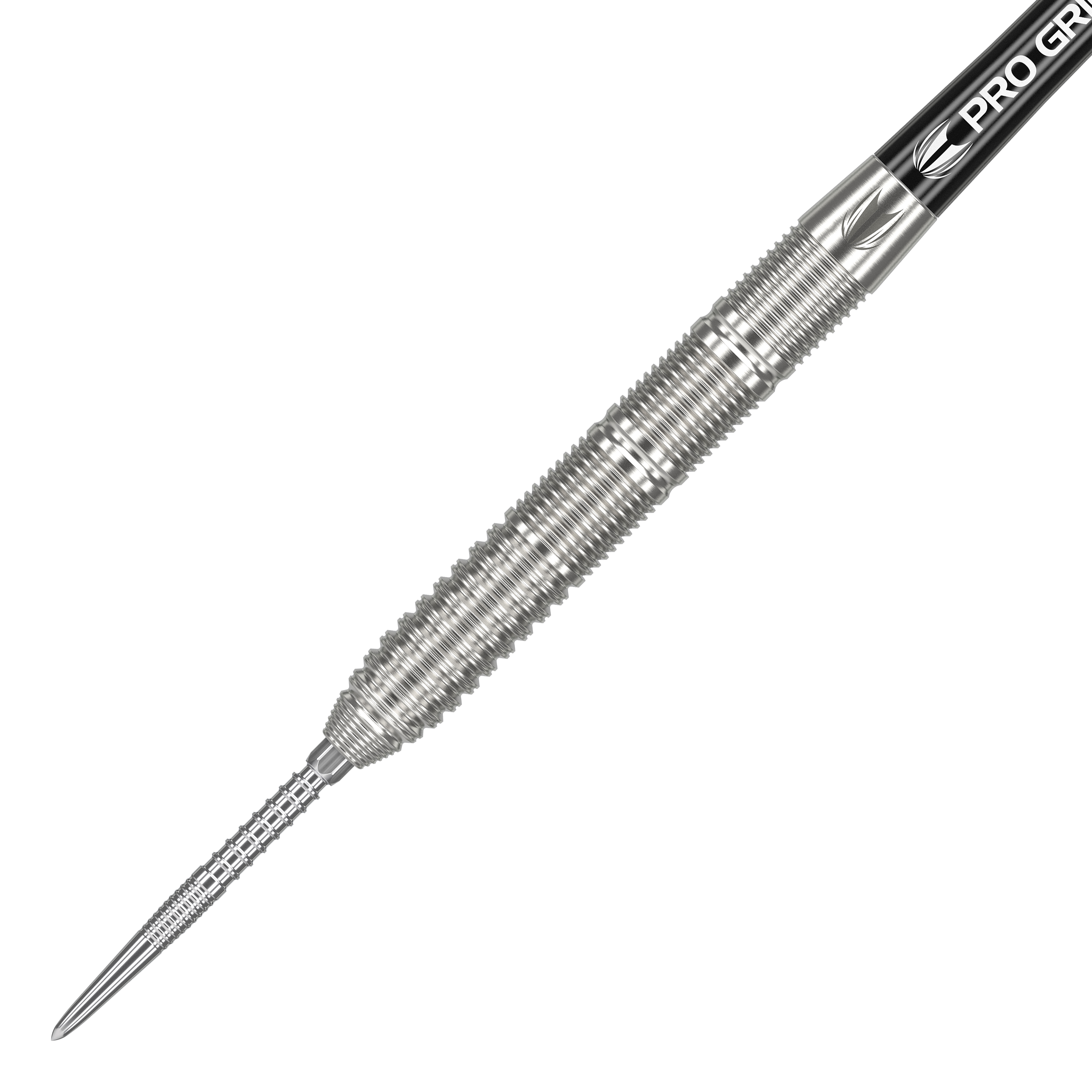 Diana Kevin Doets GEN1 Dardos de acero con punta suiza - 23 g Das Bild zeigt einen Target Kevin Doets GEN1 Swiss Point Steeldart mit 23g Gewicht. Der Dart hat ein silbernes, geriffeltes Barrel und eine scharfe Spitze.