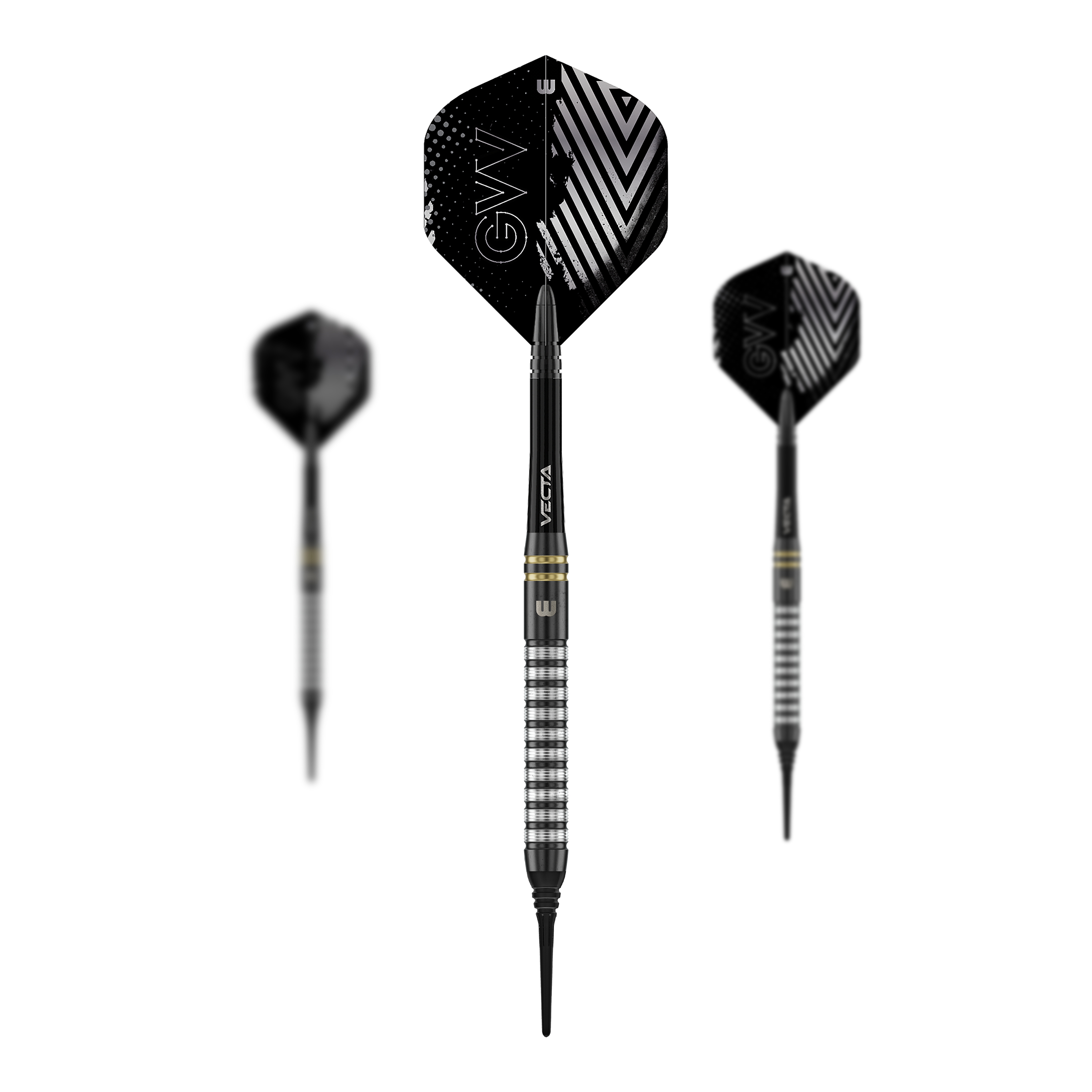 Dardos blandos Winmau Gian Van Veen TS - 18 g Das Foto zeigt ein Set der Winmau Gian Van Veen TS Softdarts 18g. Alle Darts liegen nebeneinander auf einer ebenen Fläche.
