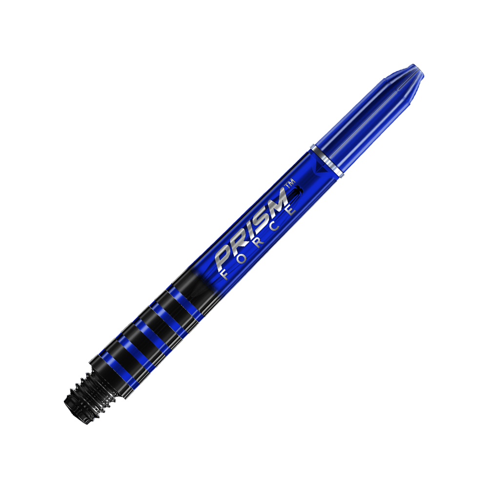 7020-403_Winmau_Prism_Force_Shafts_Blau_41mm_2 Auf dem Bild ist ein blauer Dartshaft mit der Aufschrift "PRISM FORCE" zu sehen. Der Hintergrund besteht aus schrägen, blau-grauen Streifen.